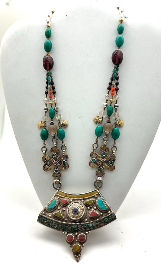 Multi-Strand Turquoise Coral Quartz Necklace, Handcrafted Brass Tibetan Silver Statement Jewelry