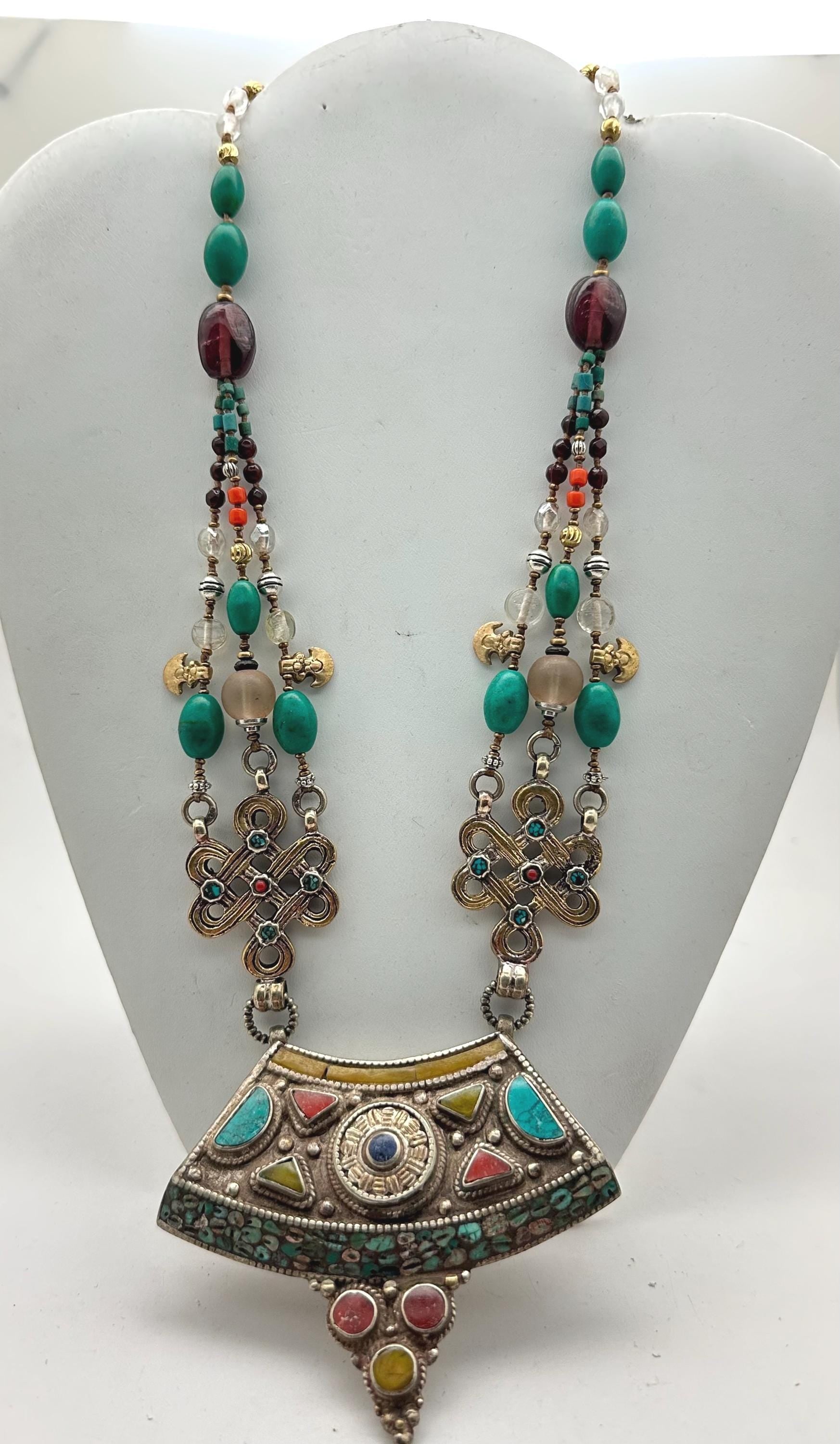 Multi-Strand Turquoise Coral Quartz Necklace, Handcrafted Brass Tibetan Silver Statement Jewelry