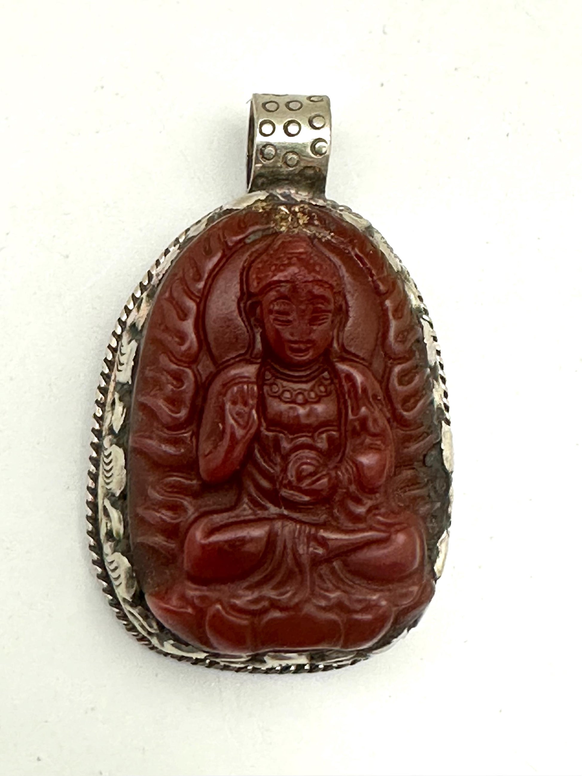 Carnilian carved Buddha pendant,handcrafted,Tibetan silver,spiritual,meditation,yoga