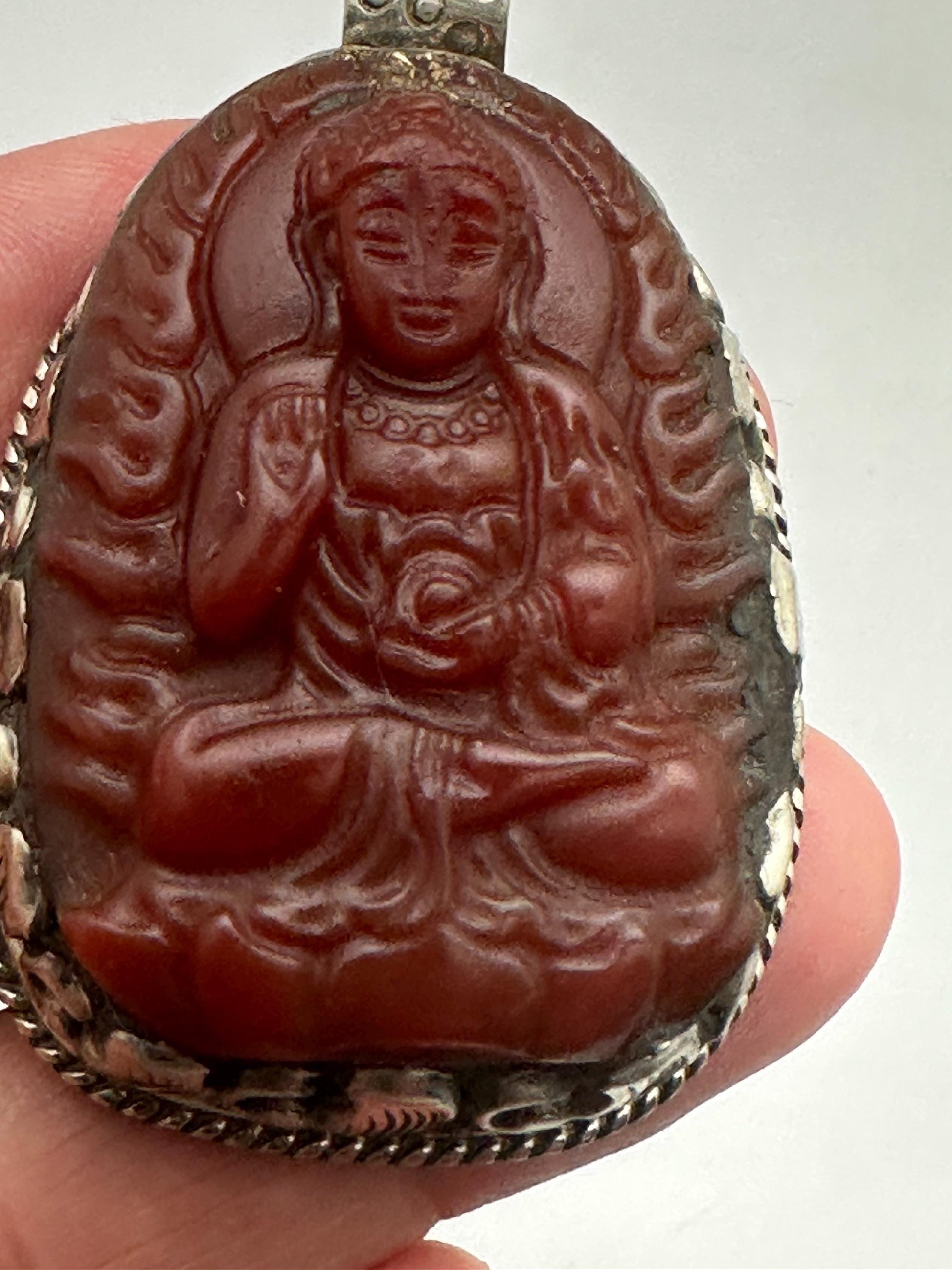 Carnilian carved Buddha pendant,handcrafted,Tibetan silver,spiritual,meditation,yoga