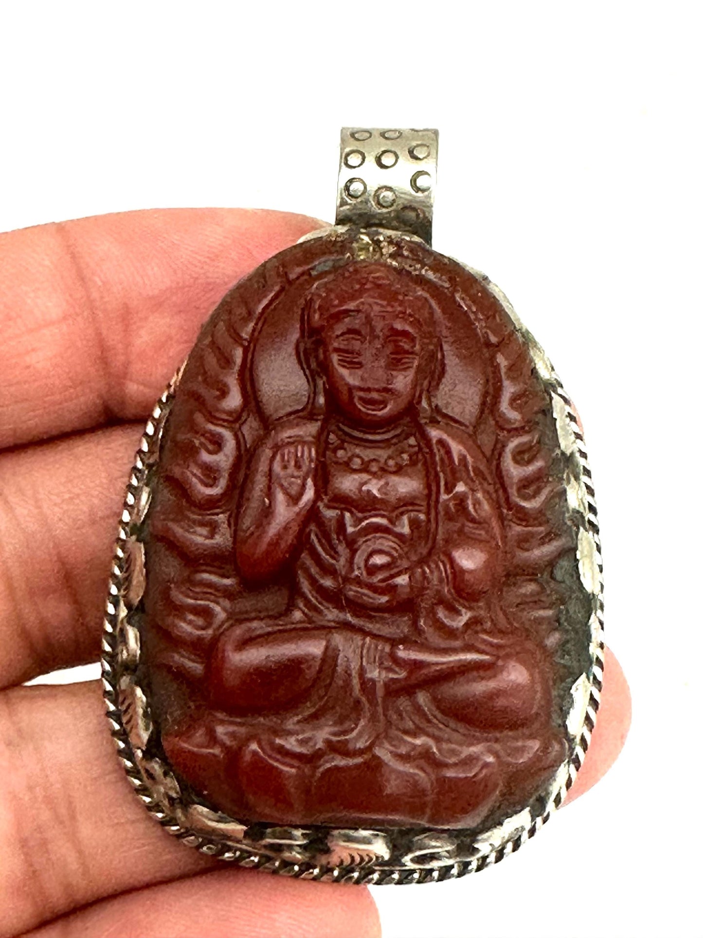 Carnilian carved Buddha pendant,handcrafted,Tibetan silver,spiritual,meditation,yoga