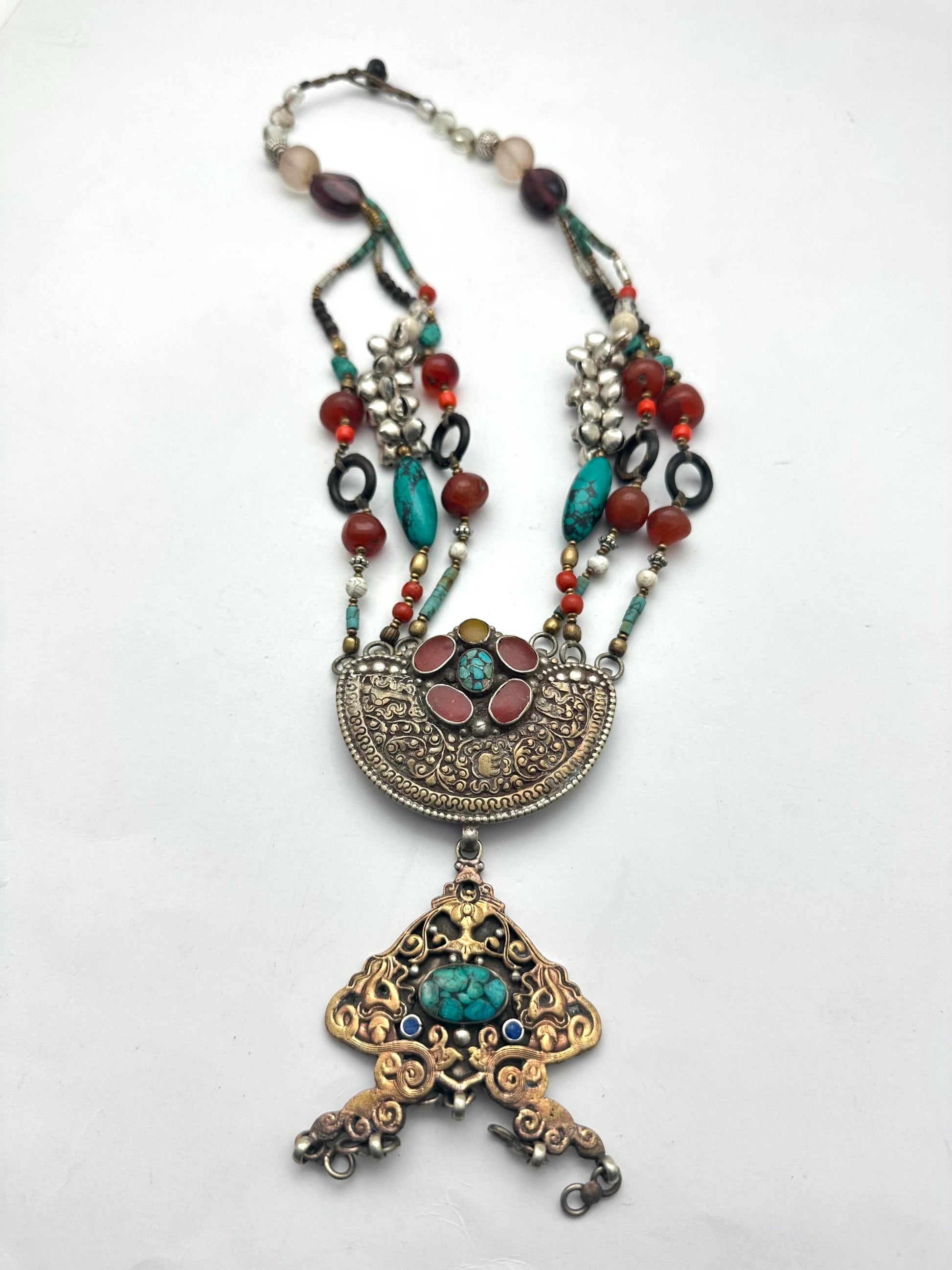 Himalayan Turquoise Coral Carnelian Quartz Brass Necklace, Tibetan Silver Ethnic Jewelry