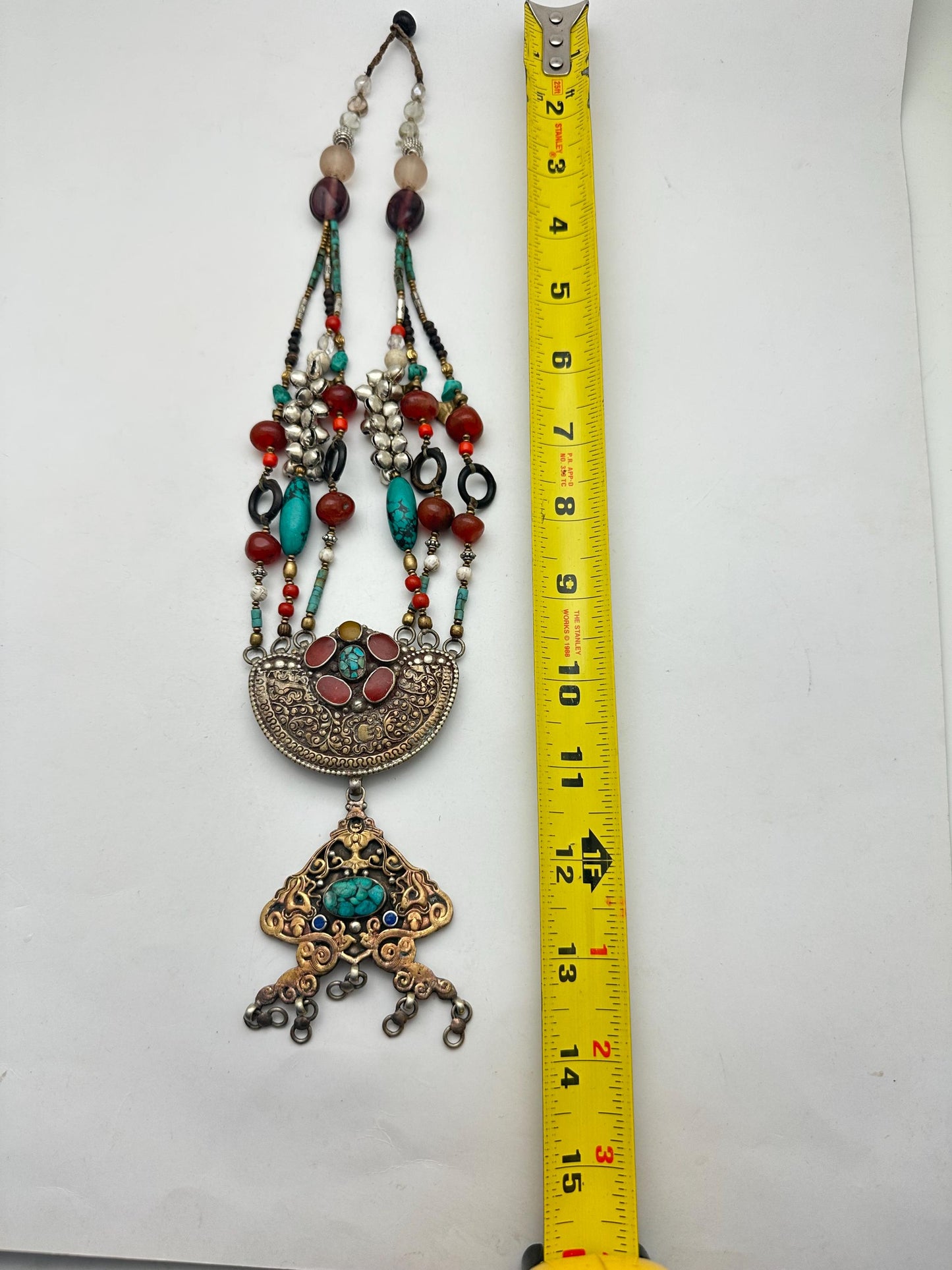 Himalayan Turquoise Coral Carnelian Quartz Brass Necklace, Tibetan Silver Ethnic Jewelry