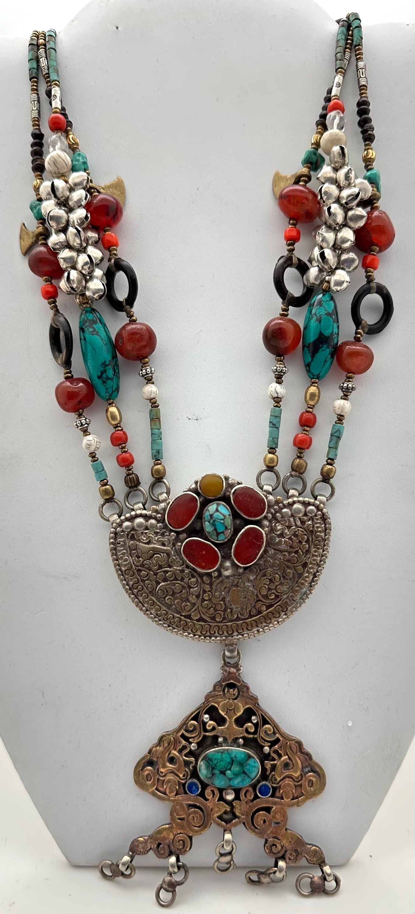 Himalayan Turquoise Coral Carnelian Quartz Brass Necklace, Tibetan Silver Ethnic Jewelry