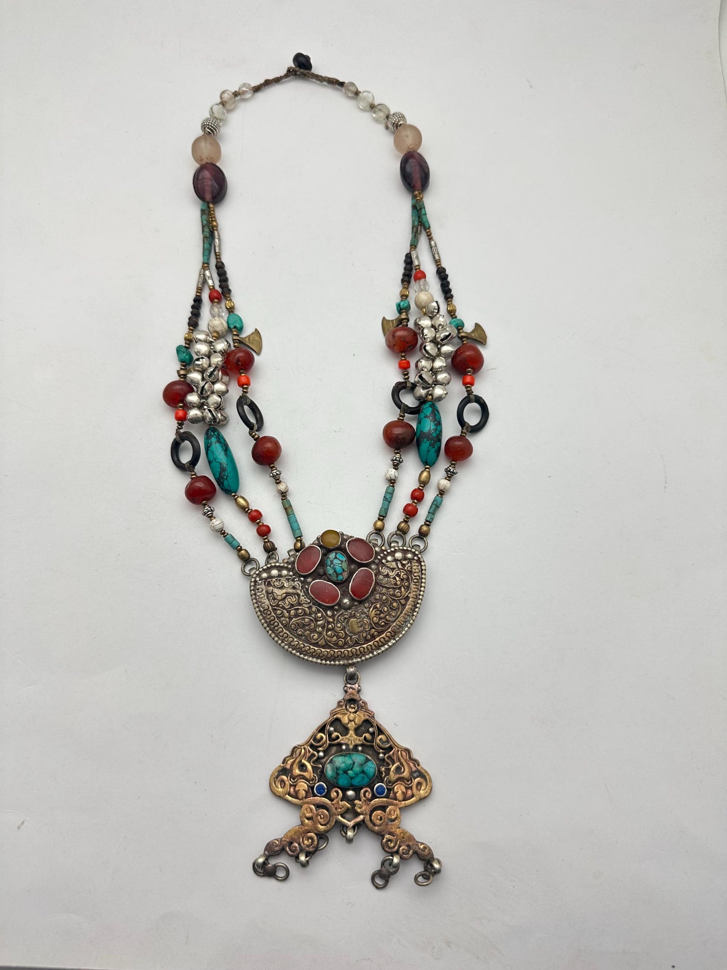 Himalayan Turquoise Coral Carnelian Quartz Brass Necklace, Tibetan Silver Ethnic Jewelry