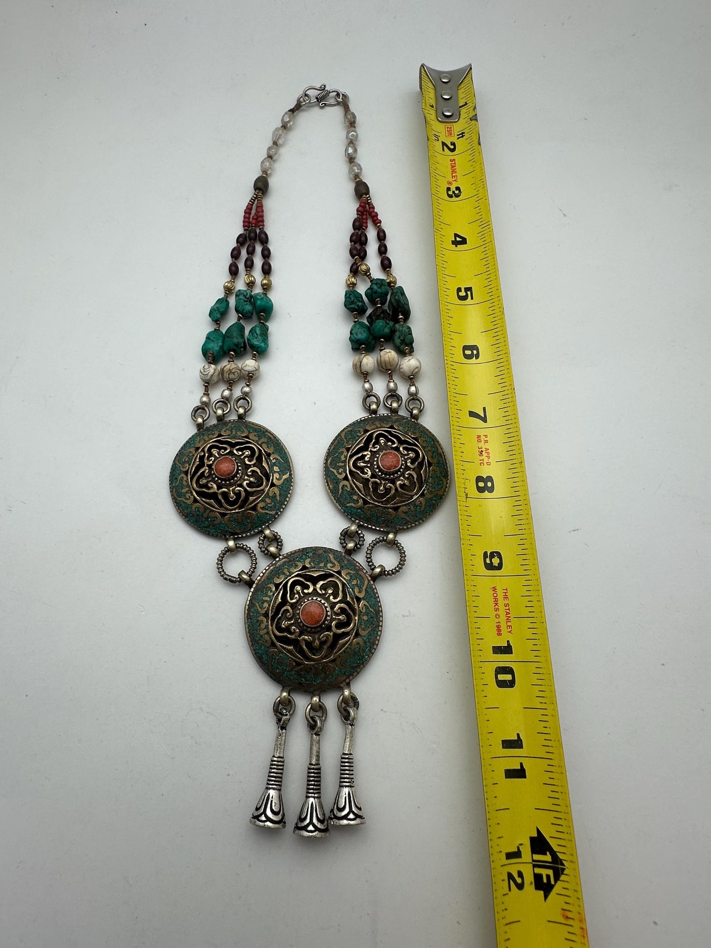 Turquoise,coral,shell,brass,Tibetan silver,Quartz crystal,beaded necklace ,ethnic,Himalayan, Tibetan jewelry