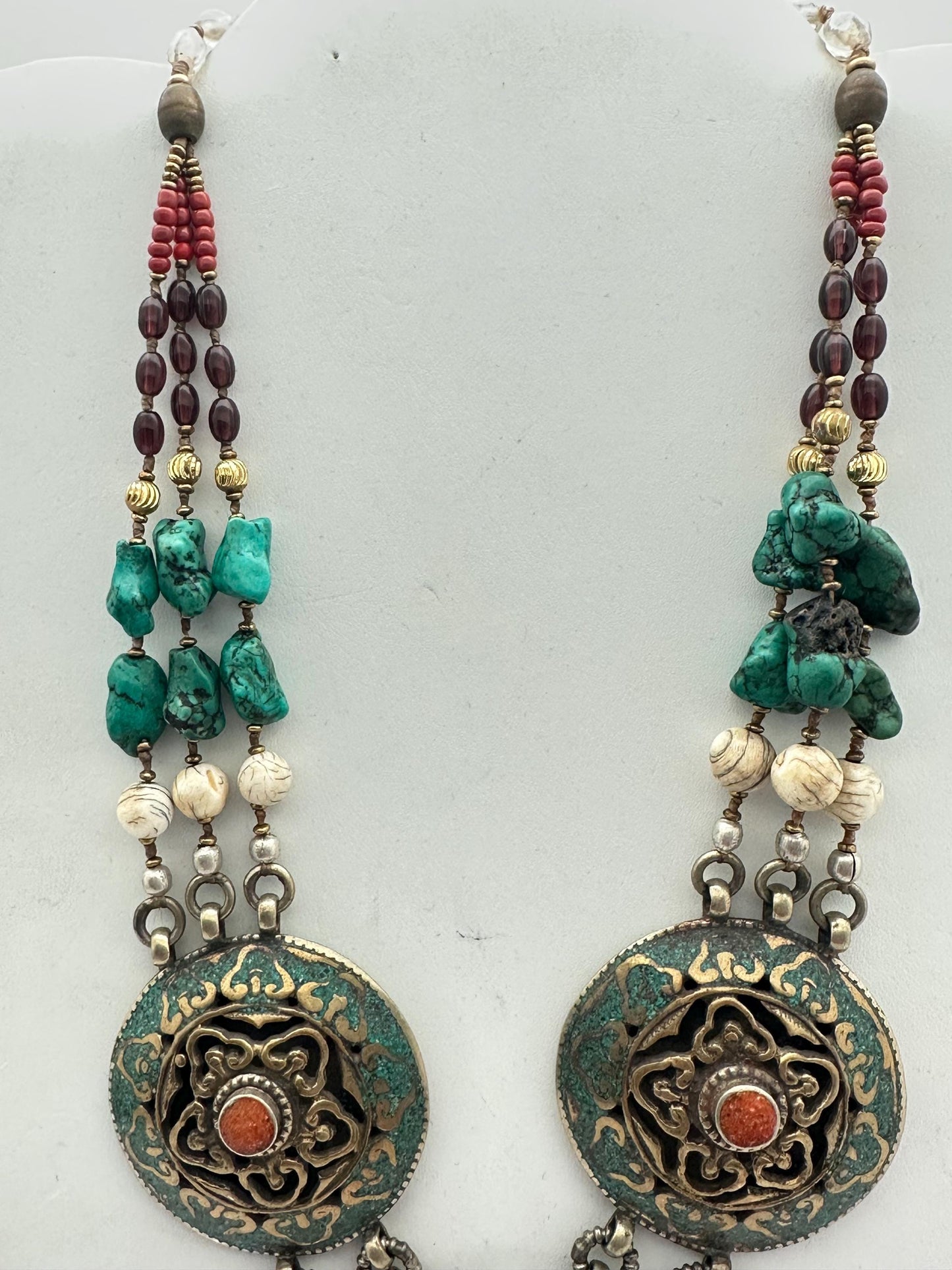 Turquoise,coral,shell,brass,Tibetan silver,Quartz crystal,beaded necklace ,ethnic,Himalayan, Tibetan jewelry