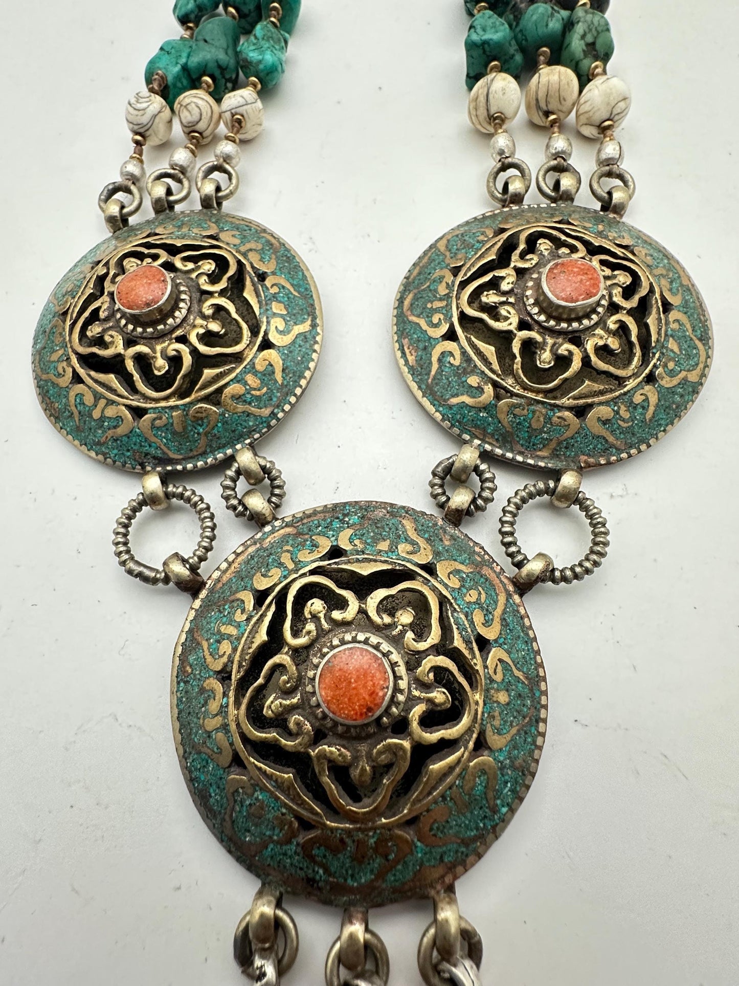 Turquoise,coral,shell,brass,Tibetan silver,Quartz crystal,beaded necklace ,ethnic,Himalayan, Tibetan jewelry