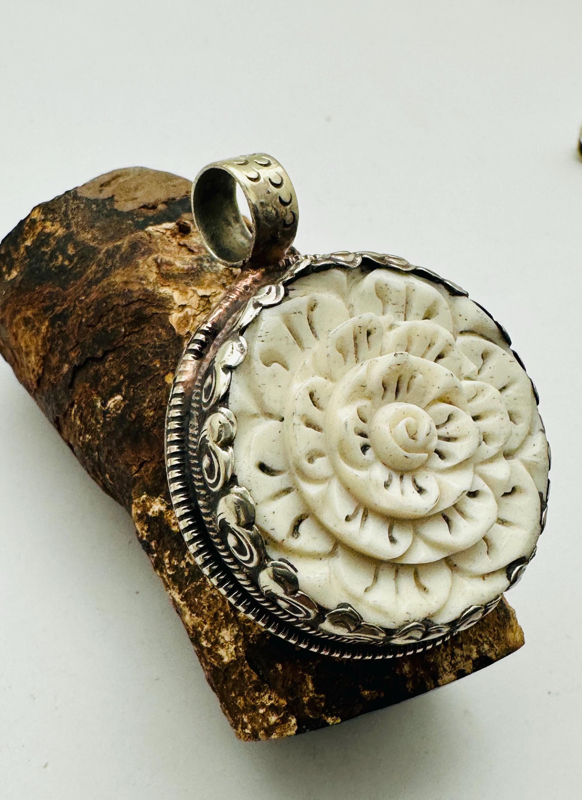 Bone carved flower pendant, handcrafted, Tibetan repousse silver,52.9mmX40.6mm
