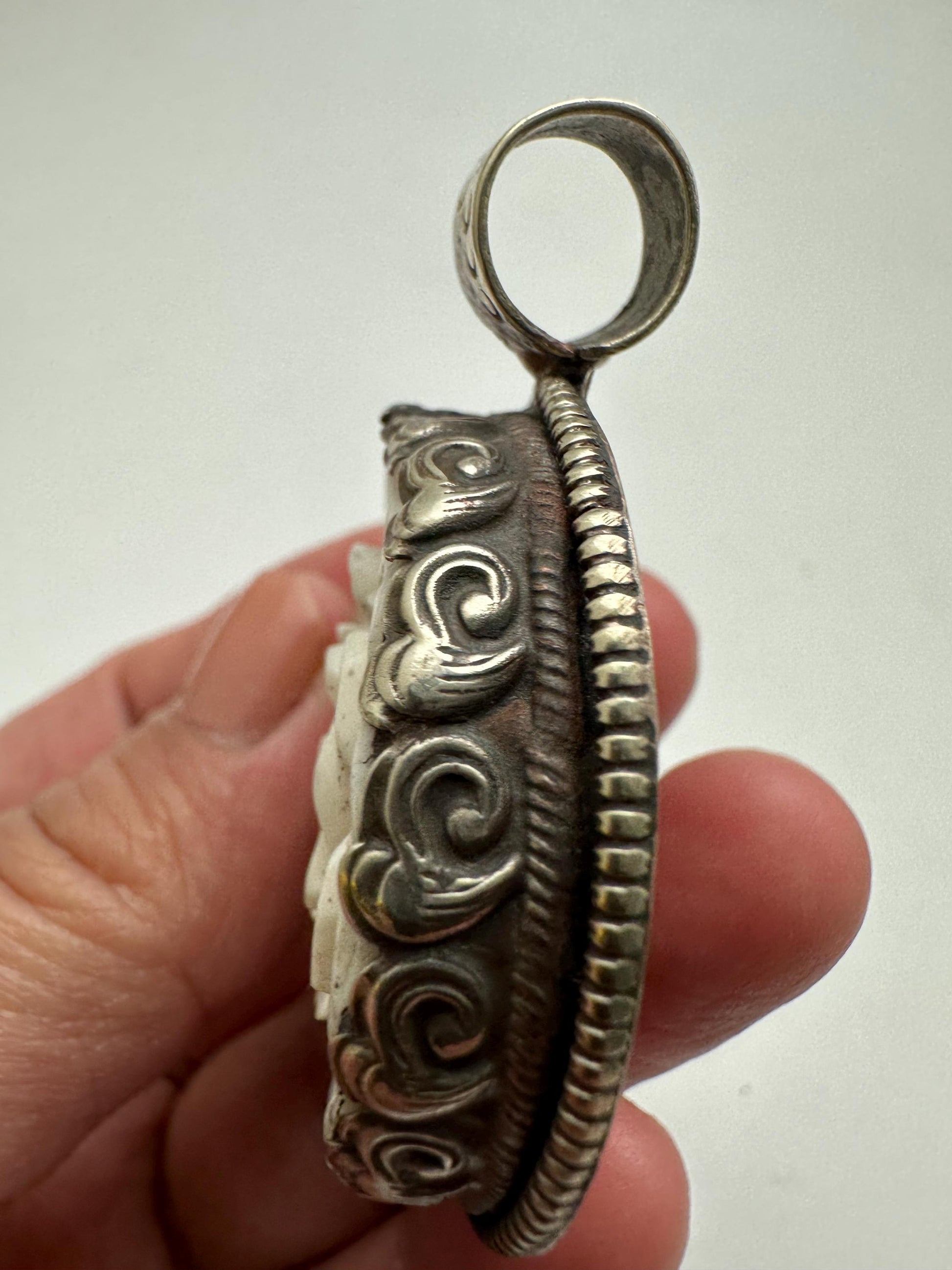 Bone carved flower pendant, handcrafted, Tibetan repousse silver,52.9mmX40.6mm