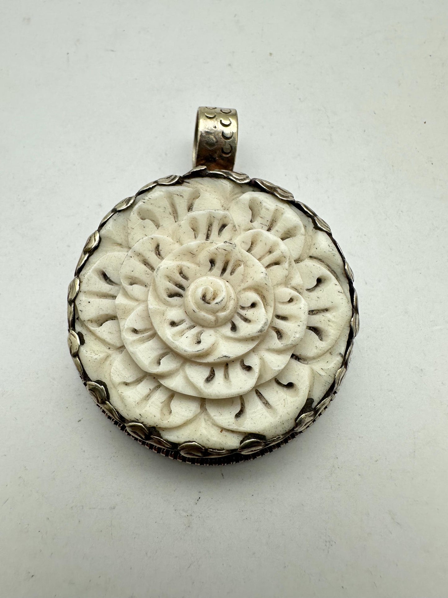 Bone carved flower pendant, handcrafted, Tibetan repousse silver,52.9mmX40.6mm