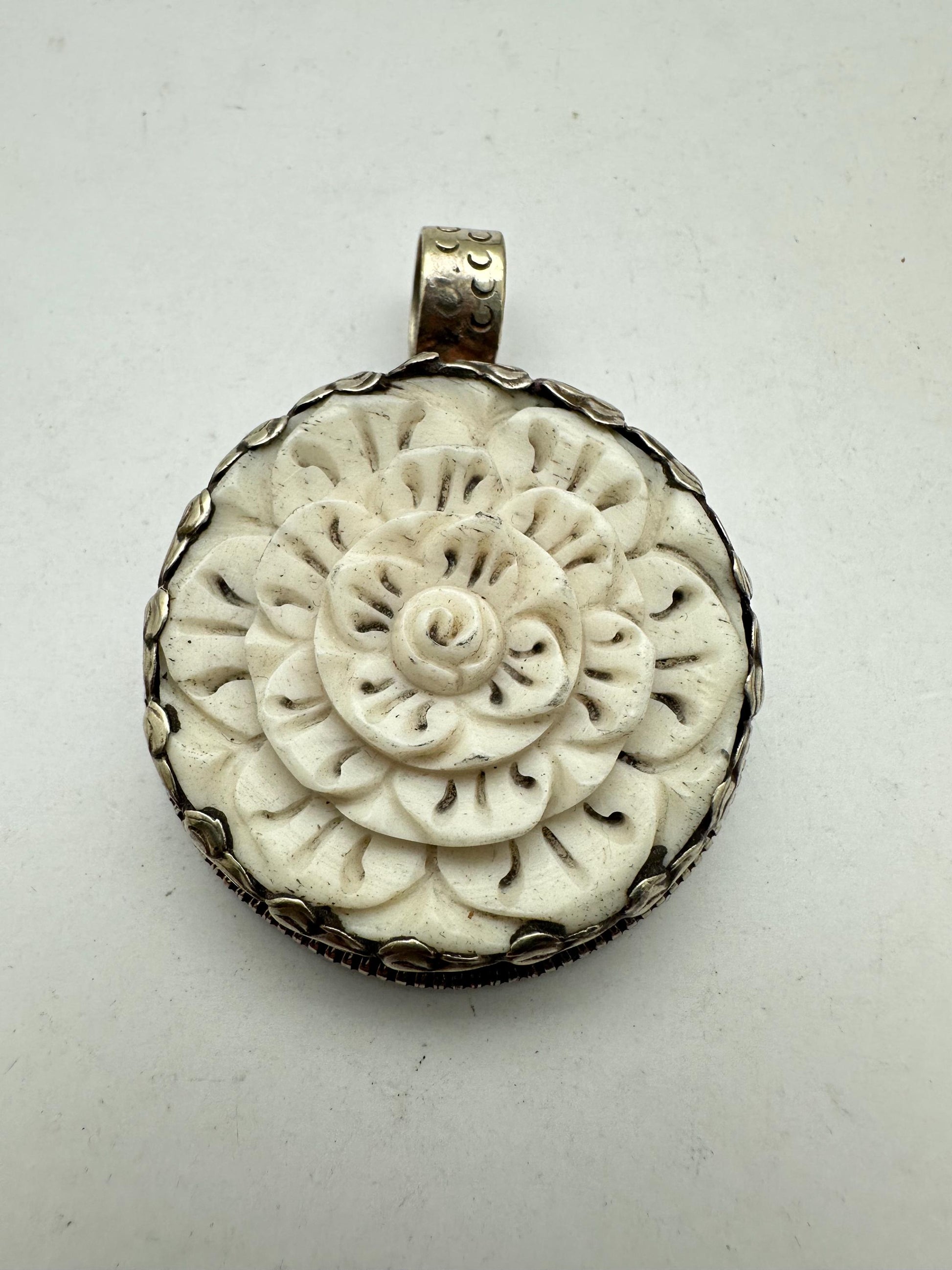 Bone carved flower pendant, handcrafted, Tibetan repousse silver,52.9mmX40.6mm