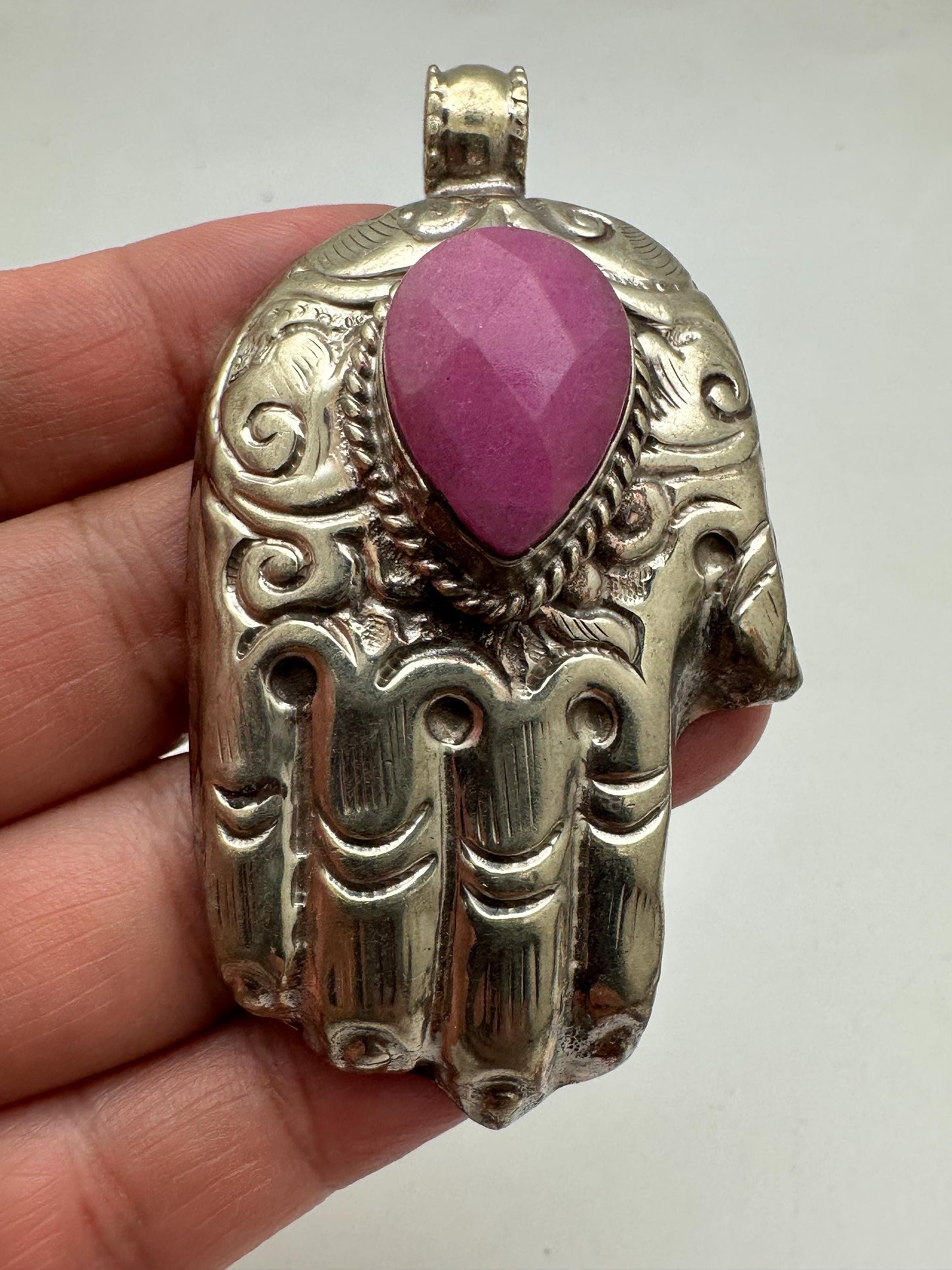 Hamsa pendant,handcrafted, Tibetan silver,pink stone,69mmX39mm and weighs about 29gm