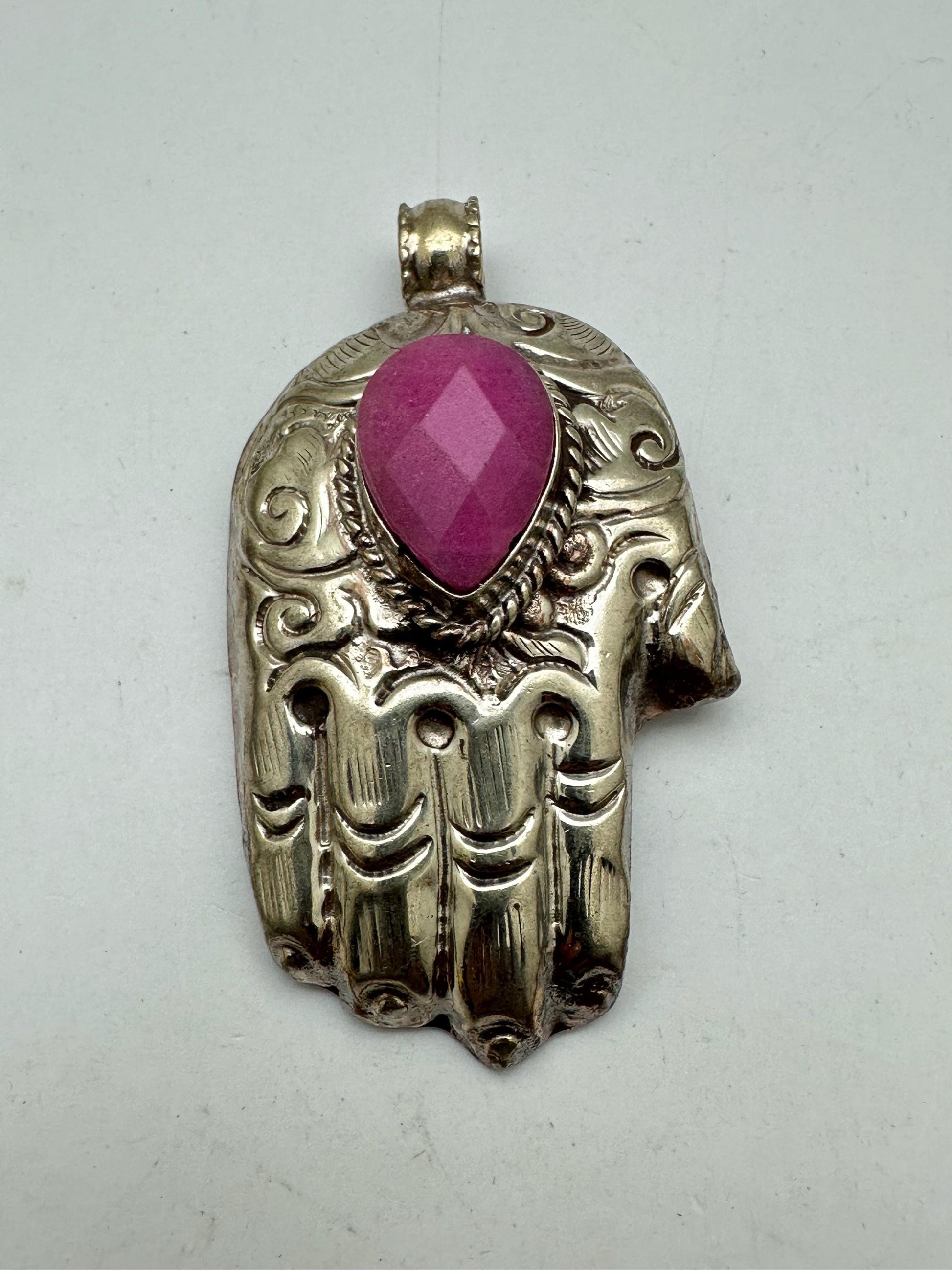 Hamsa pendant,handcrafted, Tibetan silver,pink stone,69mmX39mm and weighs about 29gm