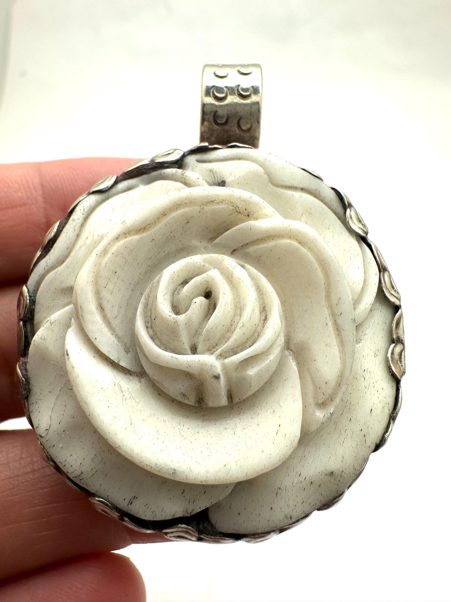 Bone carved flower pendant,rose,handcrafted,tibetan silver,Tibetan design,ethnic,Himalayan,Nepalese