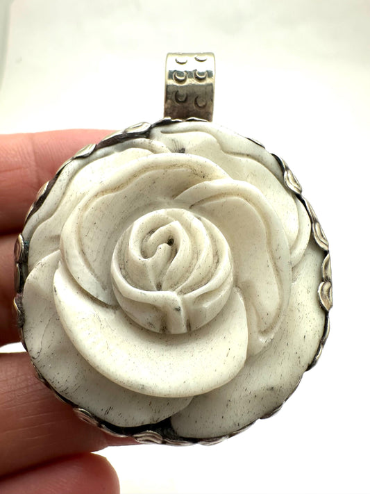 Bone carved flower pendant,rose,handcrafted,tibetan silver,Tibetan design,ethnic,Himalayan,Nepalese