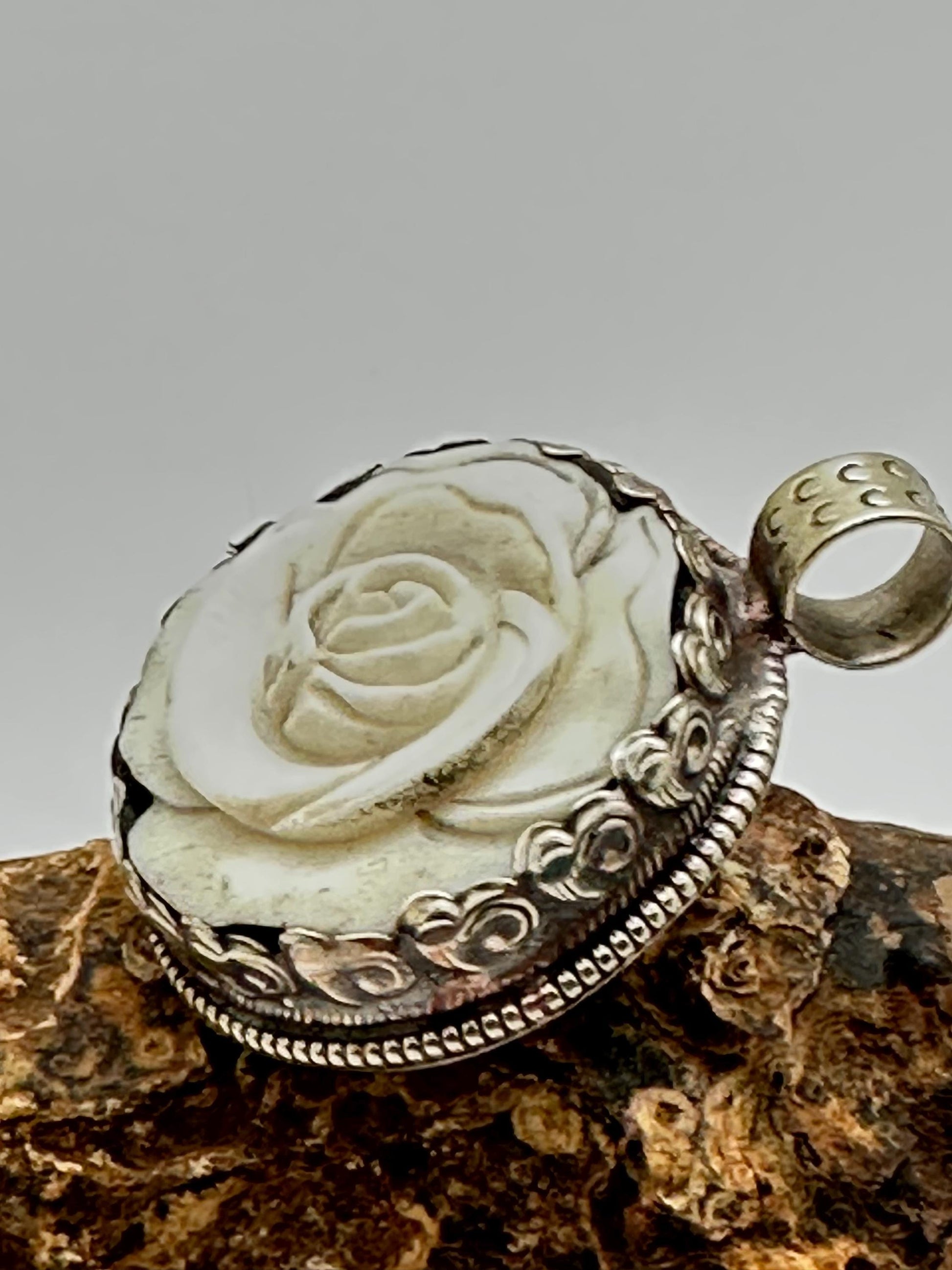 Bone carved flower pendant,rose,handcrafted,tibetan silver,Tibetan design,ethnic,Himalayan,Nepalese