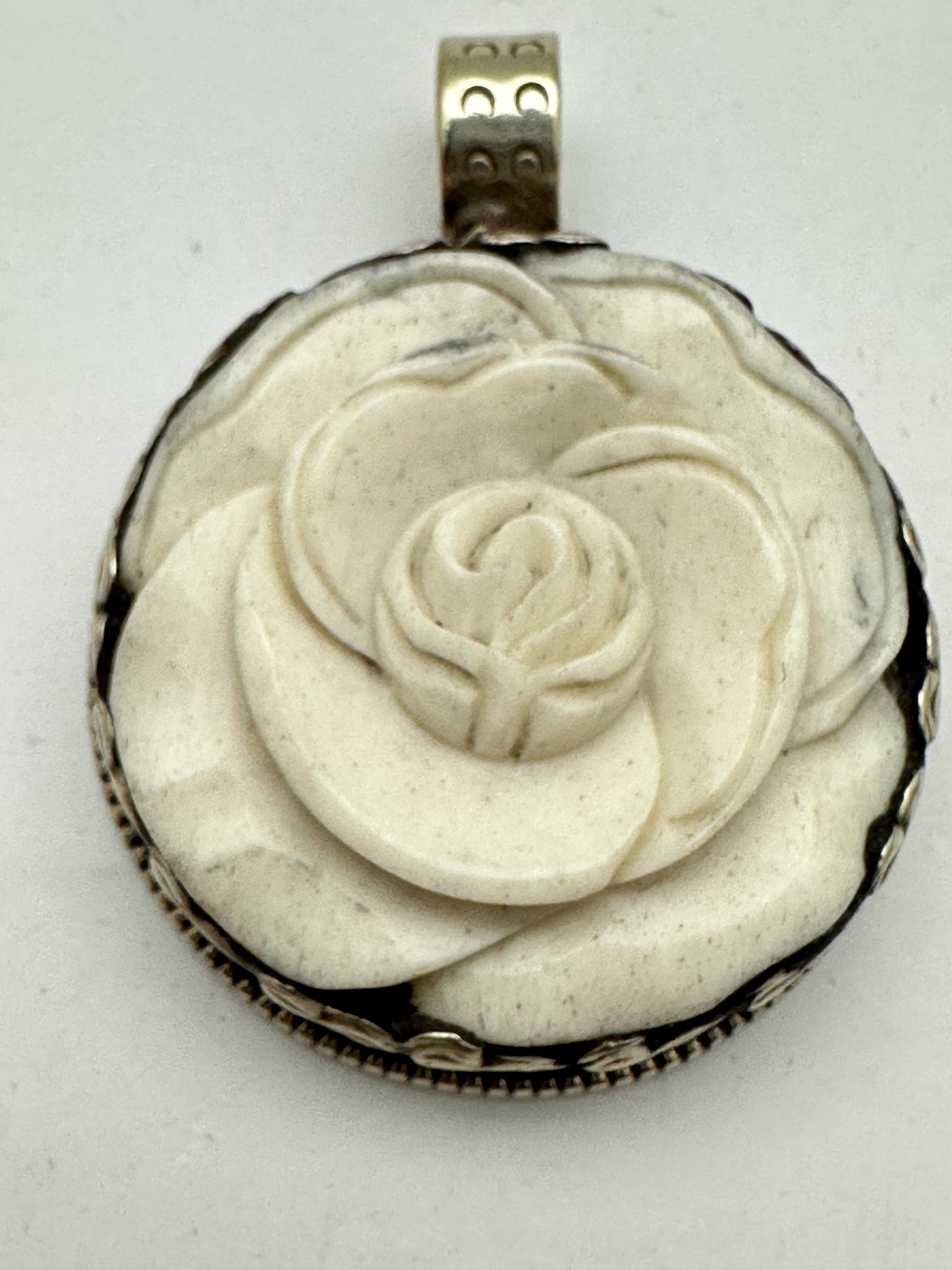 Bone carved flower pendant,rose,handcrafted,tibetan silver,Tibetan design,ethnic,Himalayan,Nepalese