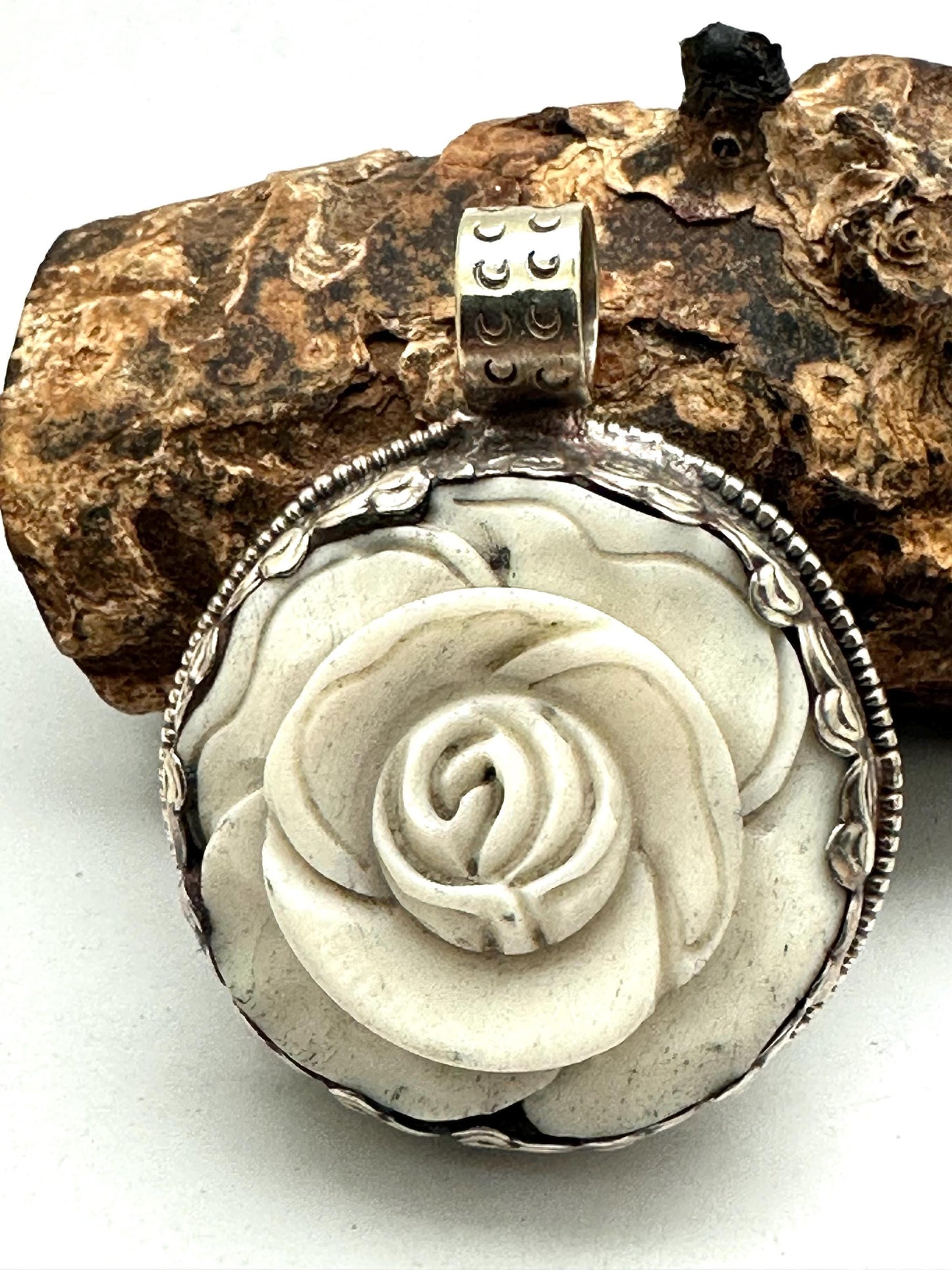 Bone carved flower pendant,rose,handcrafted,tibetan silver,Tibetan design,ethnic,Himalayan,Nepalese