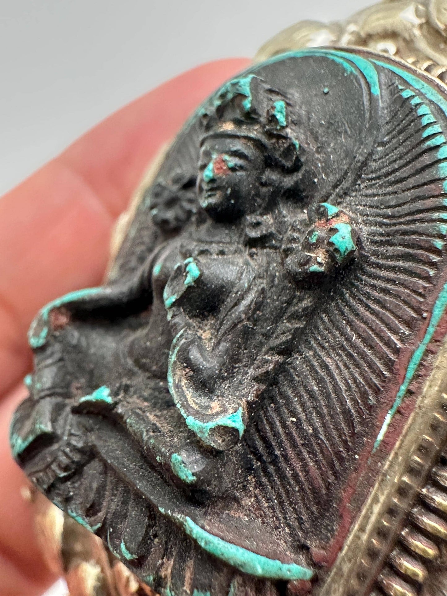 Green Tara,Handcrafted,Tibetan silver, amulet,resin turquoise, repousse silver,69mmX49mm