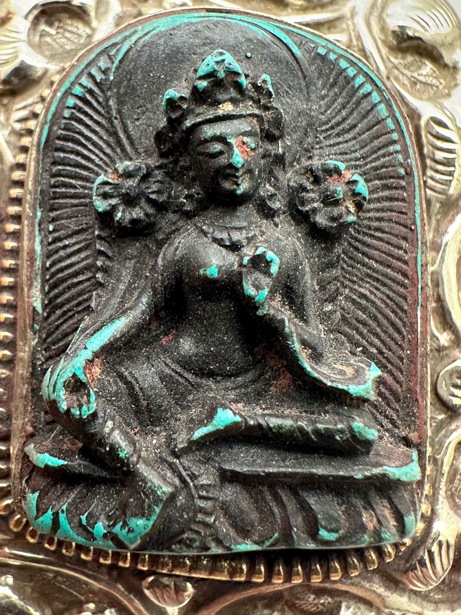 Green Tara,Handcrafted,Tibetan silver, amulet,resin turquoise, repousse silver,69mmX49mm