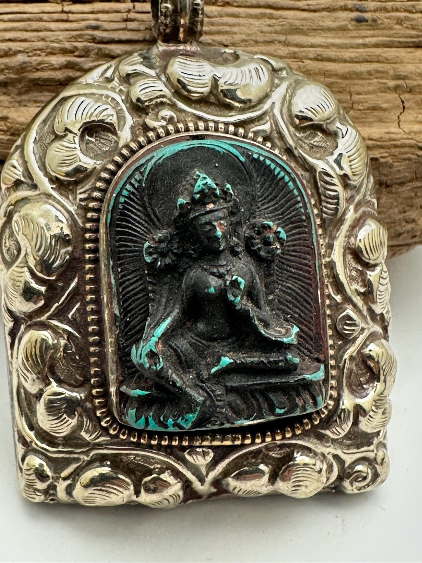 Green Tara,Handcrafted,Tibetan silver, amulet,resin turquoise, repousse silver,69mmX49mm
