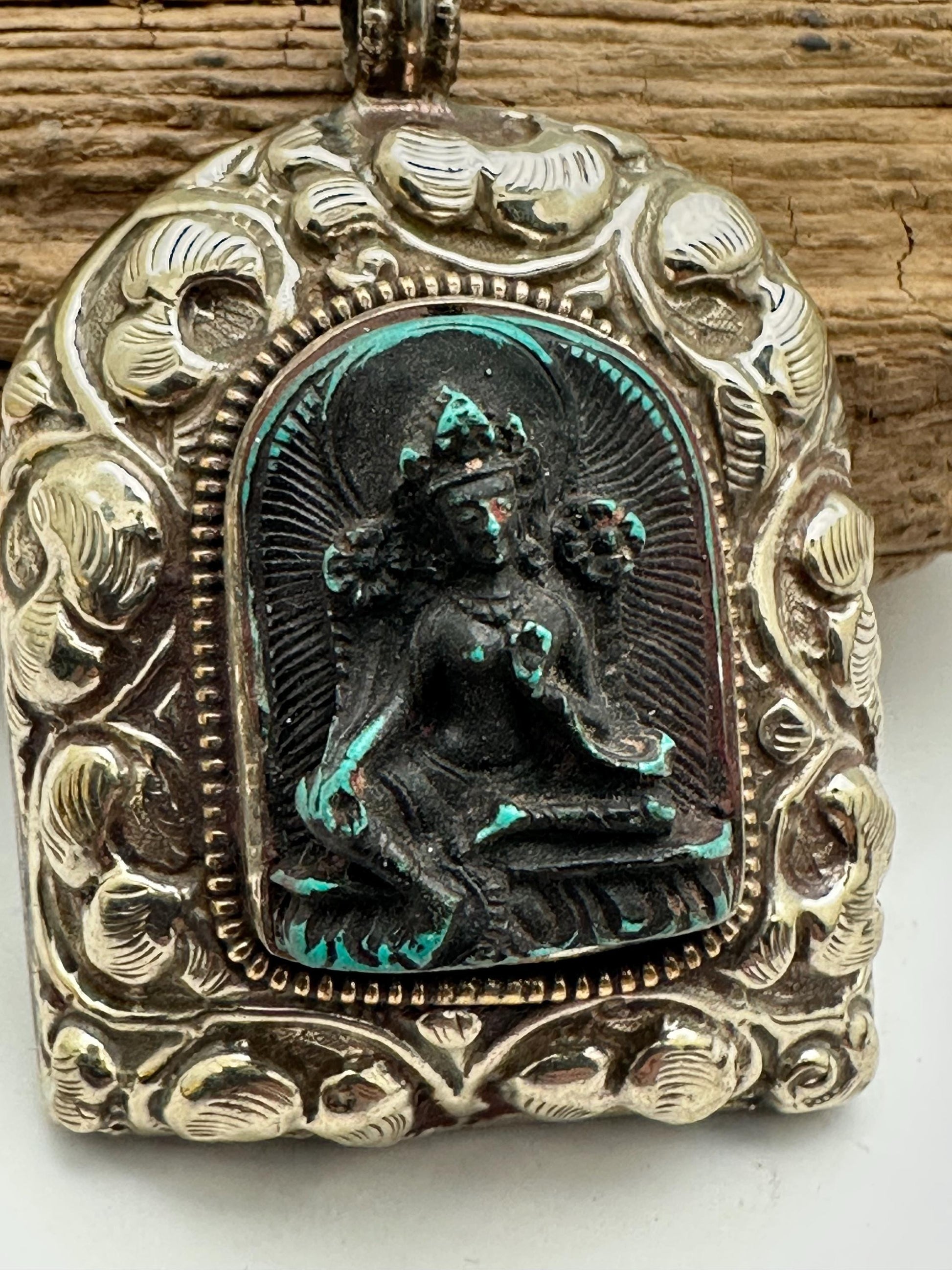 Green Tara,Handcrafted,Tibetan silver, amulet,resin turquoise, repousse silver,69mmX49mm