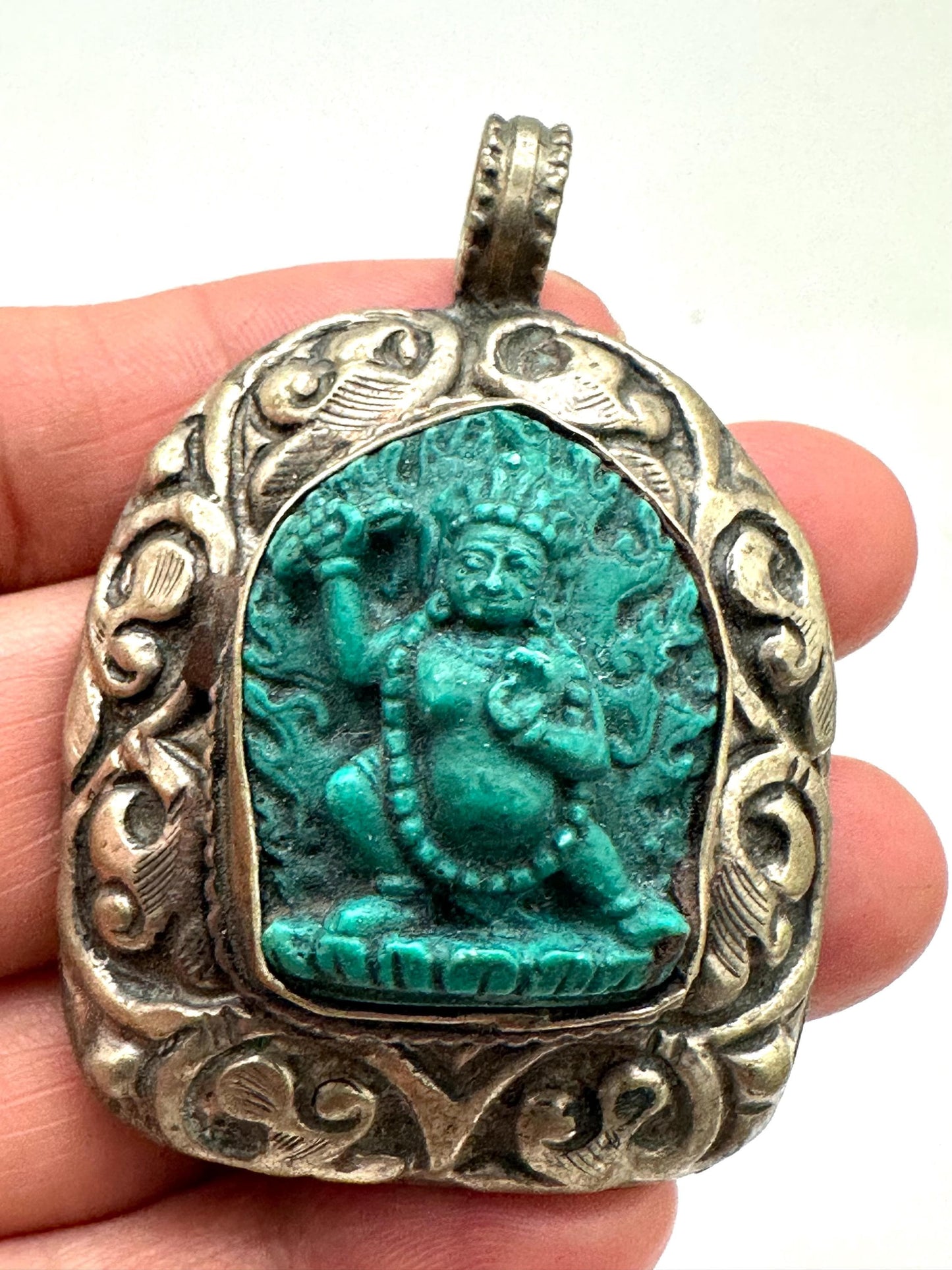 Vajrapani Pendant, Tibetan Silver, Resin Turquoise, Handcrafted Nepal (54mmX38.7mm)