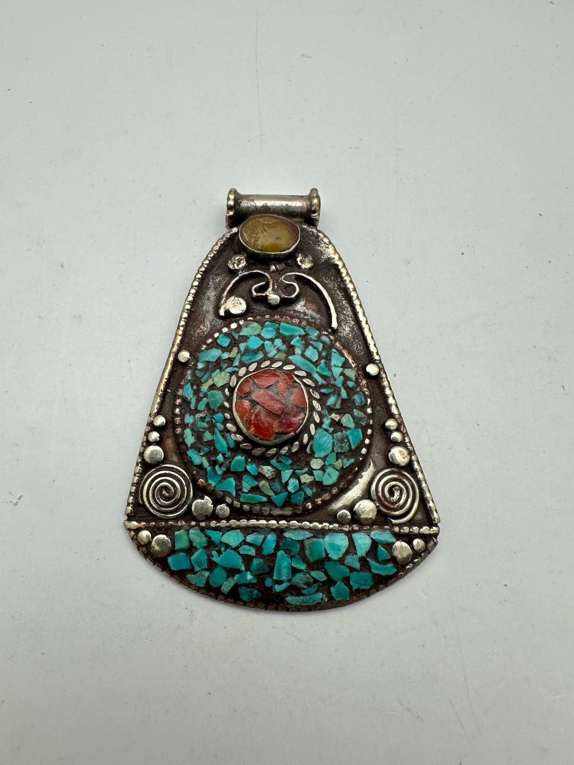 turquoise,coral inlaid pendant, handcrafted,Tibetan silver,Tibetan jewelry,48.3mmX68.5mm,