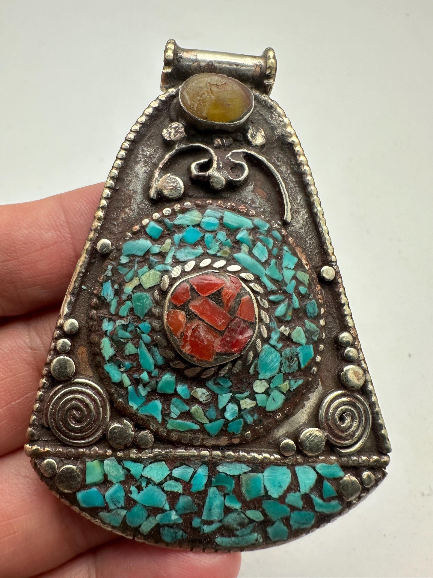 turquoise,coral inlaid pendant, handcrafted,Tibetan silver,Tibetan jewelry,48.3mmX68.5mm,