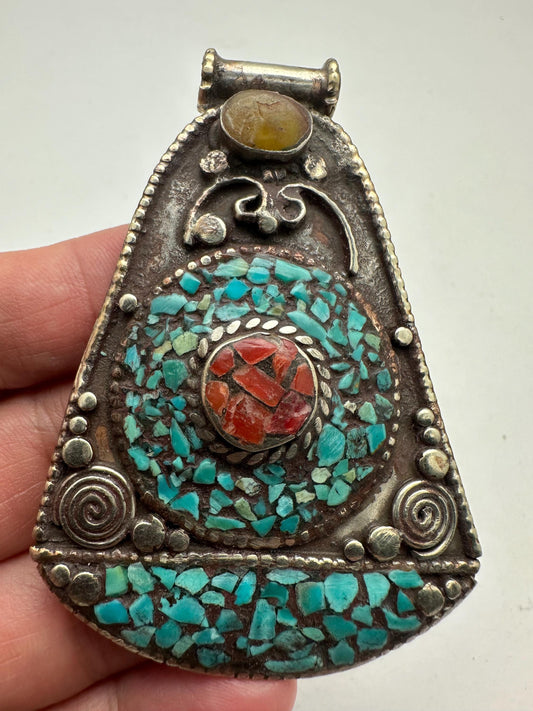 turquoise,coral inlaid pendant, handcrafted,Tibetan silver,Tibetan jewelry,48.3mmX68.5mm,