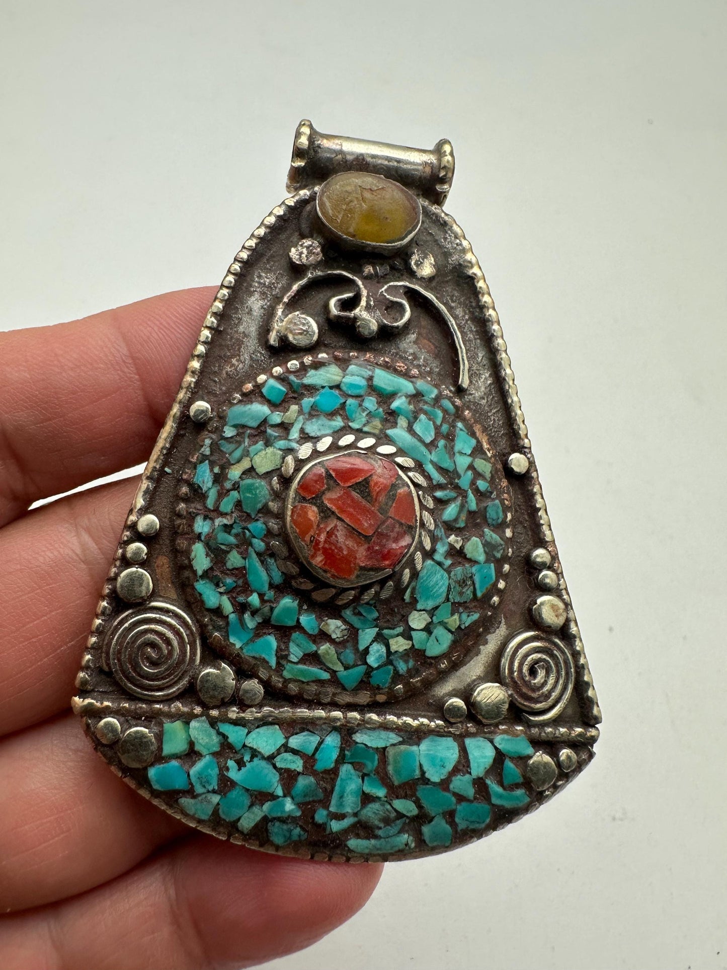 turquoise,coral inlaid pendant, handcrafted,Tibetan silver,Tibetan jewelry,48.3mmX68.5mm,