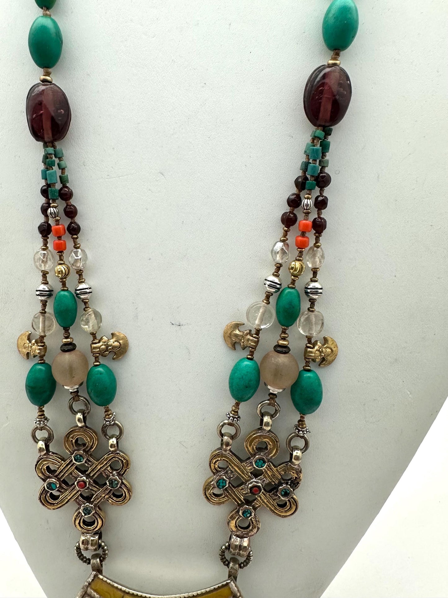 Multi-Strand Turquoise Coral Quartz Necklace, Handcrafted Brass Tibetan Silver Statement Jewelry