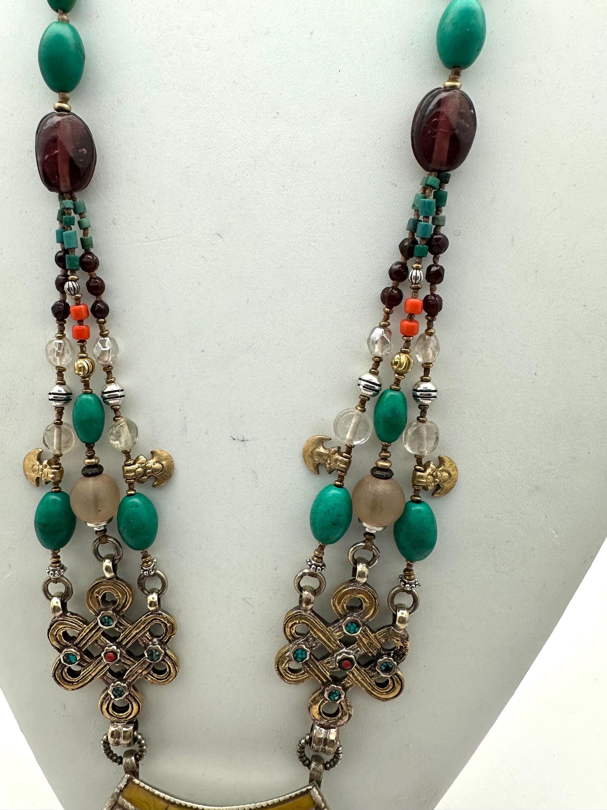 Multi-Strand Turquoise Coral Quartz Necklace, Handcrafted Brass Tibetan Silver Statement Jewelry