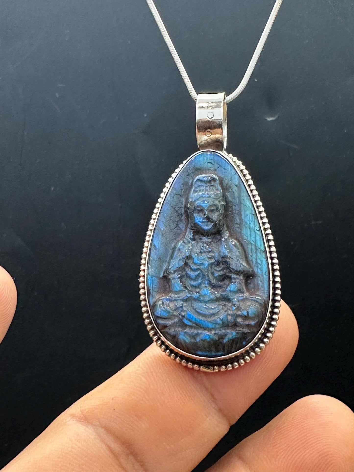 Labradorite Kwan Yin Pendant: Handcrafted Tibetan Silver, Nepalese