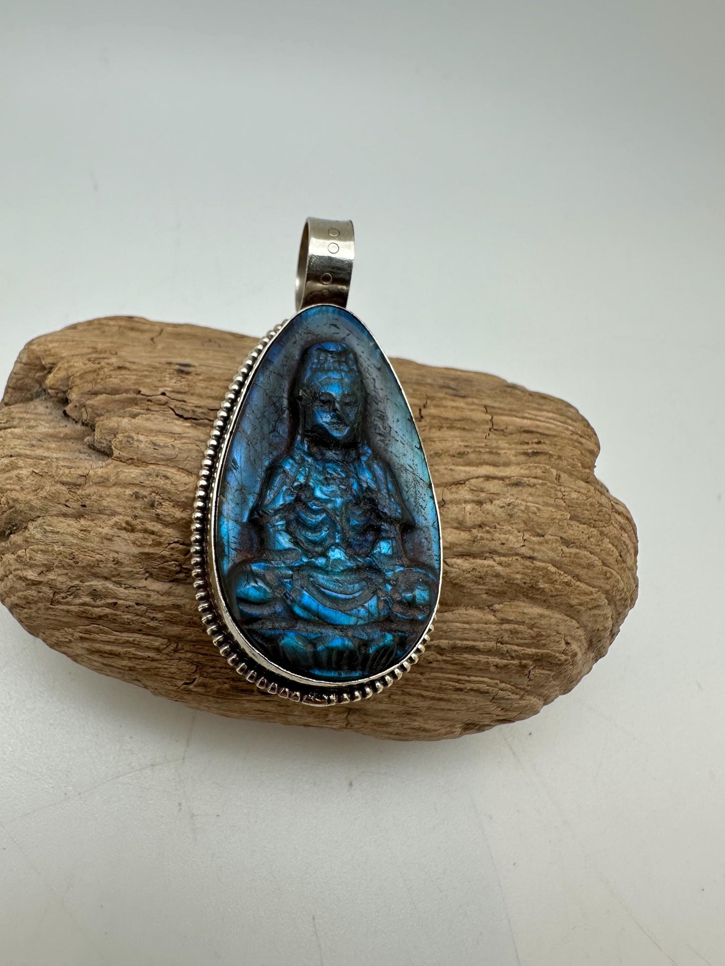 Labradorite Kwan Yin Pendant: Handcrafted Tibetan Silver, Nepalese
