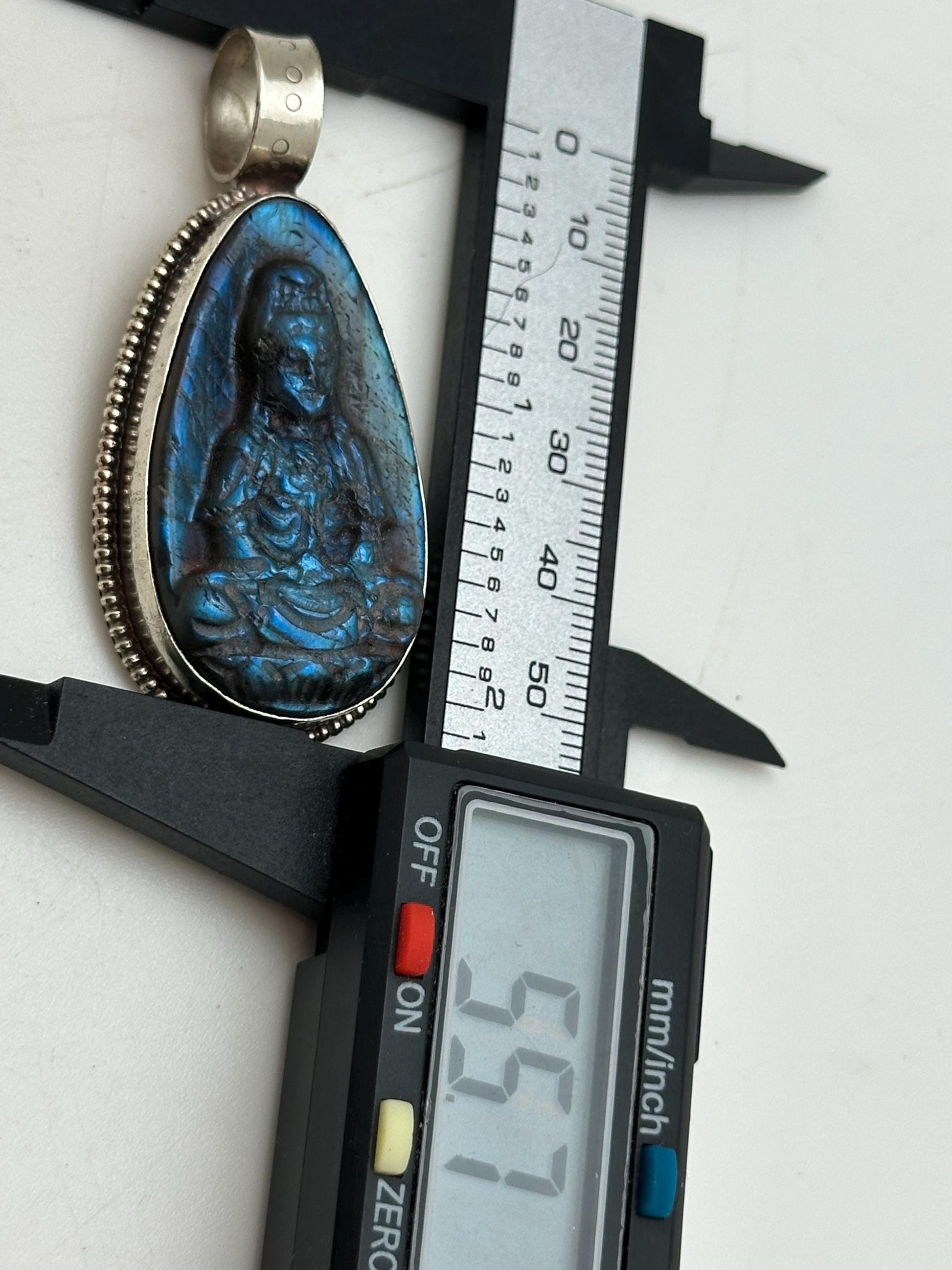 Labradorite Kwan Yin Pendant: Handcrafted Tibetan Silver, Nepalese