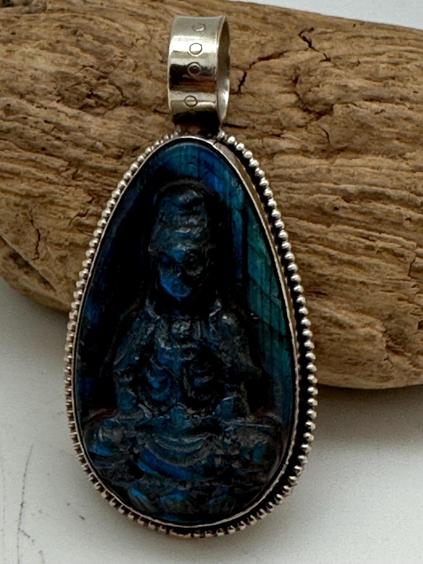 Labradorite Kwan Yin Pendant: Handcrafted Tibetan Silver, Nepalese