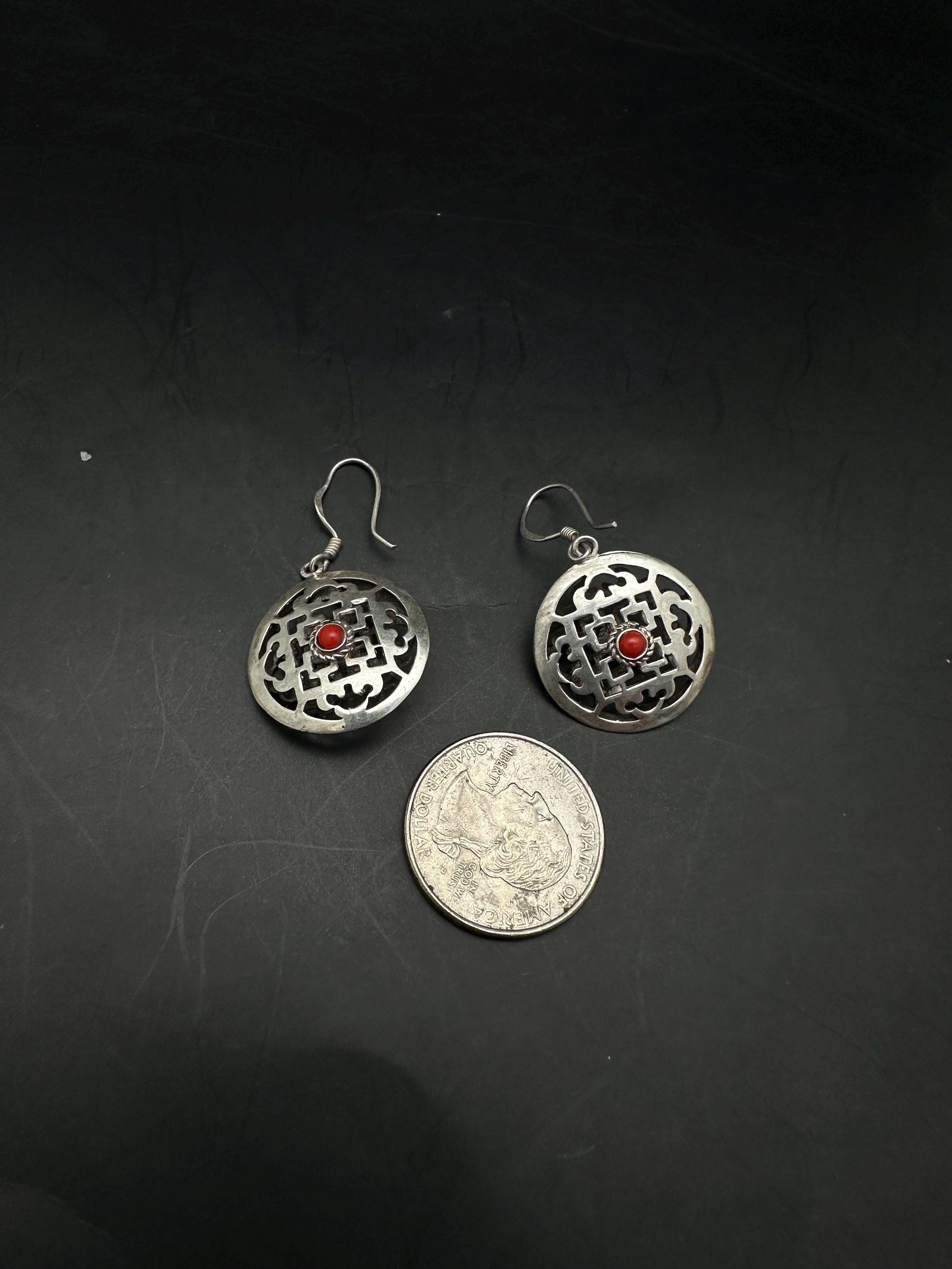 Tibetan earring, 925 sterling silver, mandala design with coral