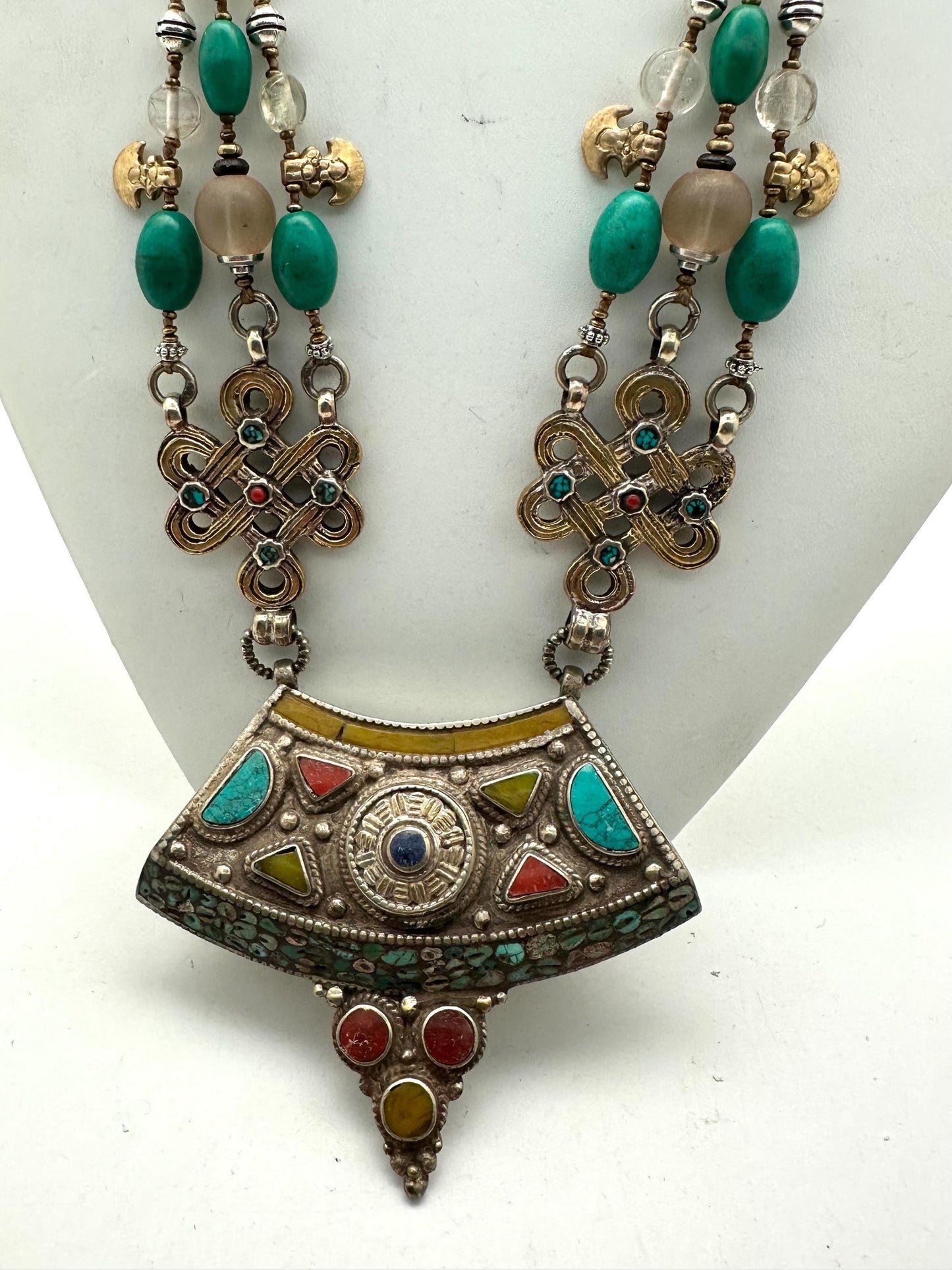 Multi-Strand Turquoise Coral Quartz Necklace, Handcrafted Brass Tibetan Silver Statement Jewelry