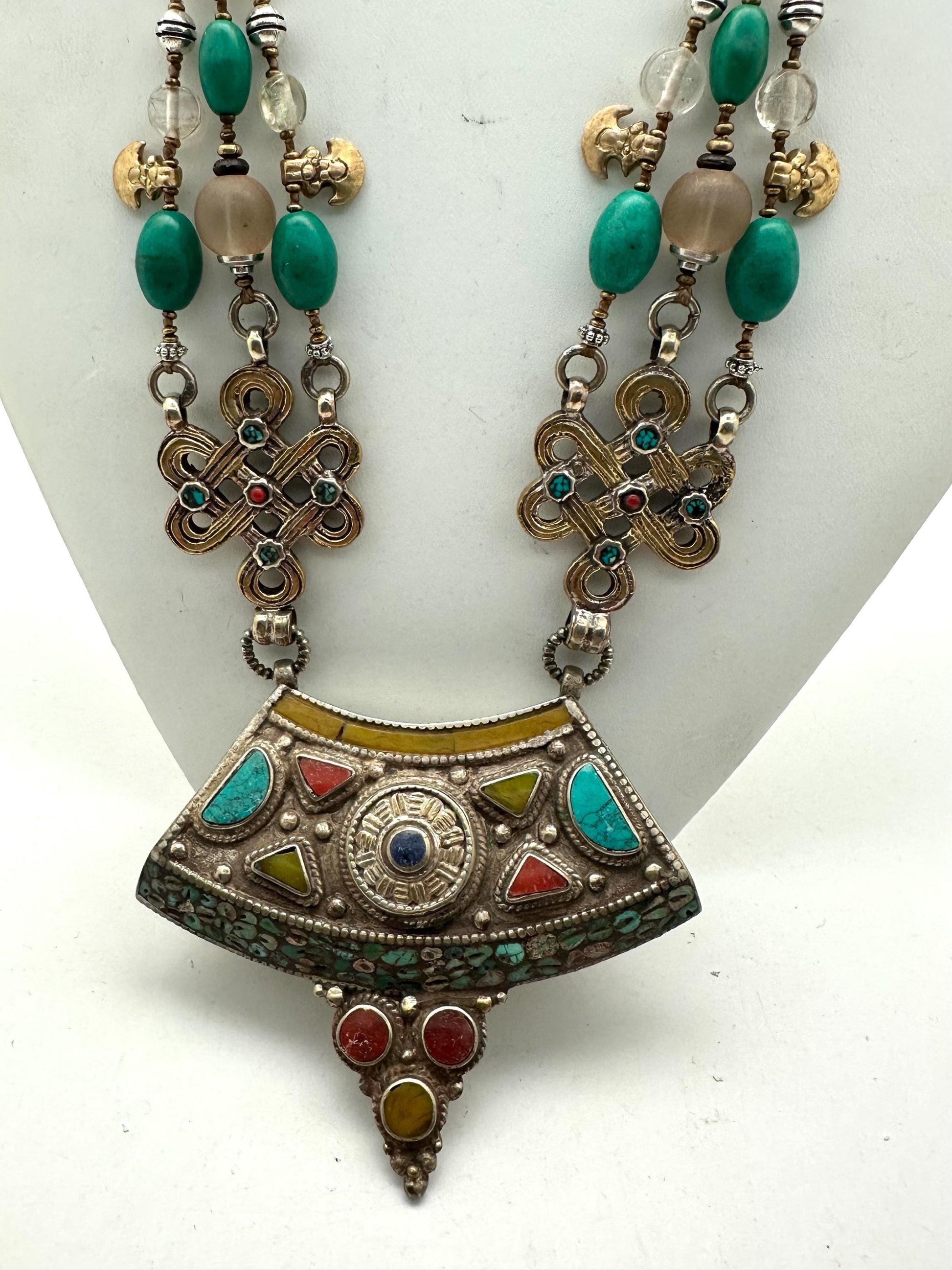 Multi-Strand Turquoise Coral Quartz Necklace, Handcrafted Brass Tibetan Silver Statement Jewelry