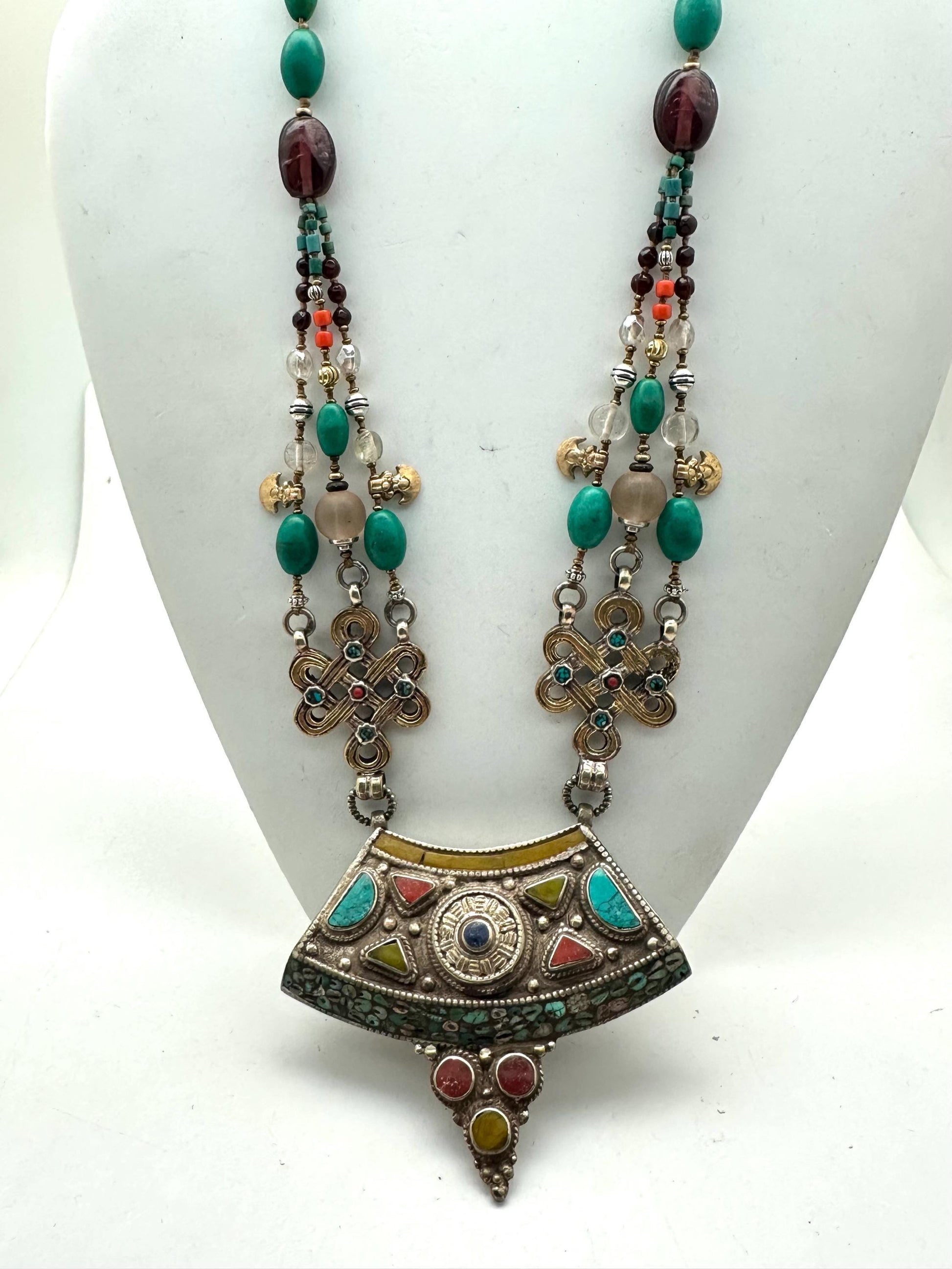 Multi-Strand Turquoise Coral Quartz Necklace, Handcrafted Brass Tibetan Silver Statement Jewelry