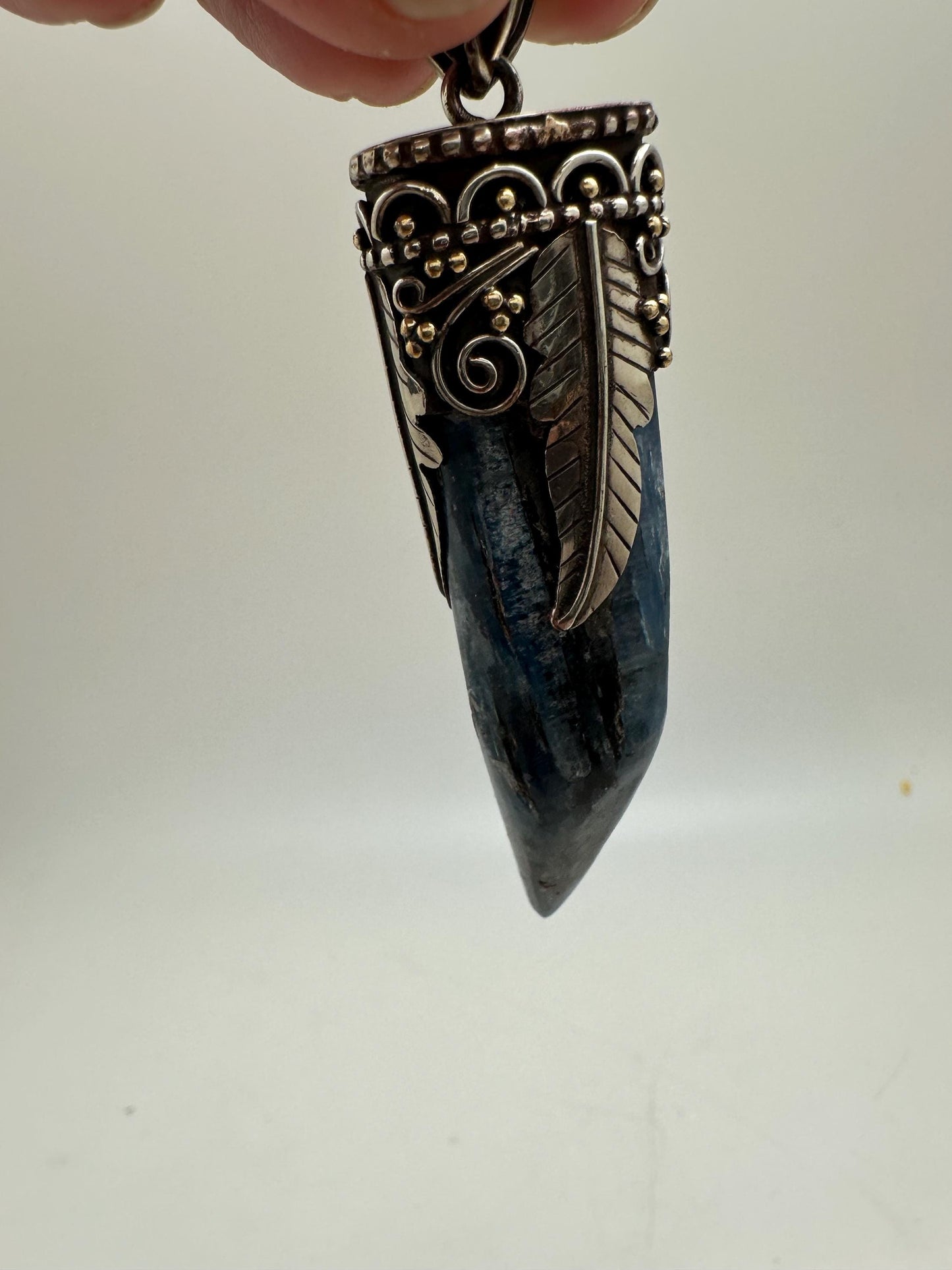 Kyanite pendant ,handcrafted, Tibetan silver,floral,Nepalese,81mmX12mm,weighs about 24gm