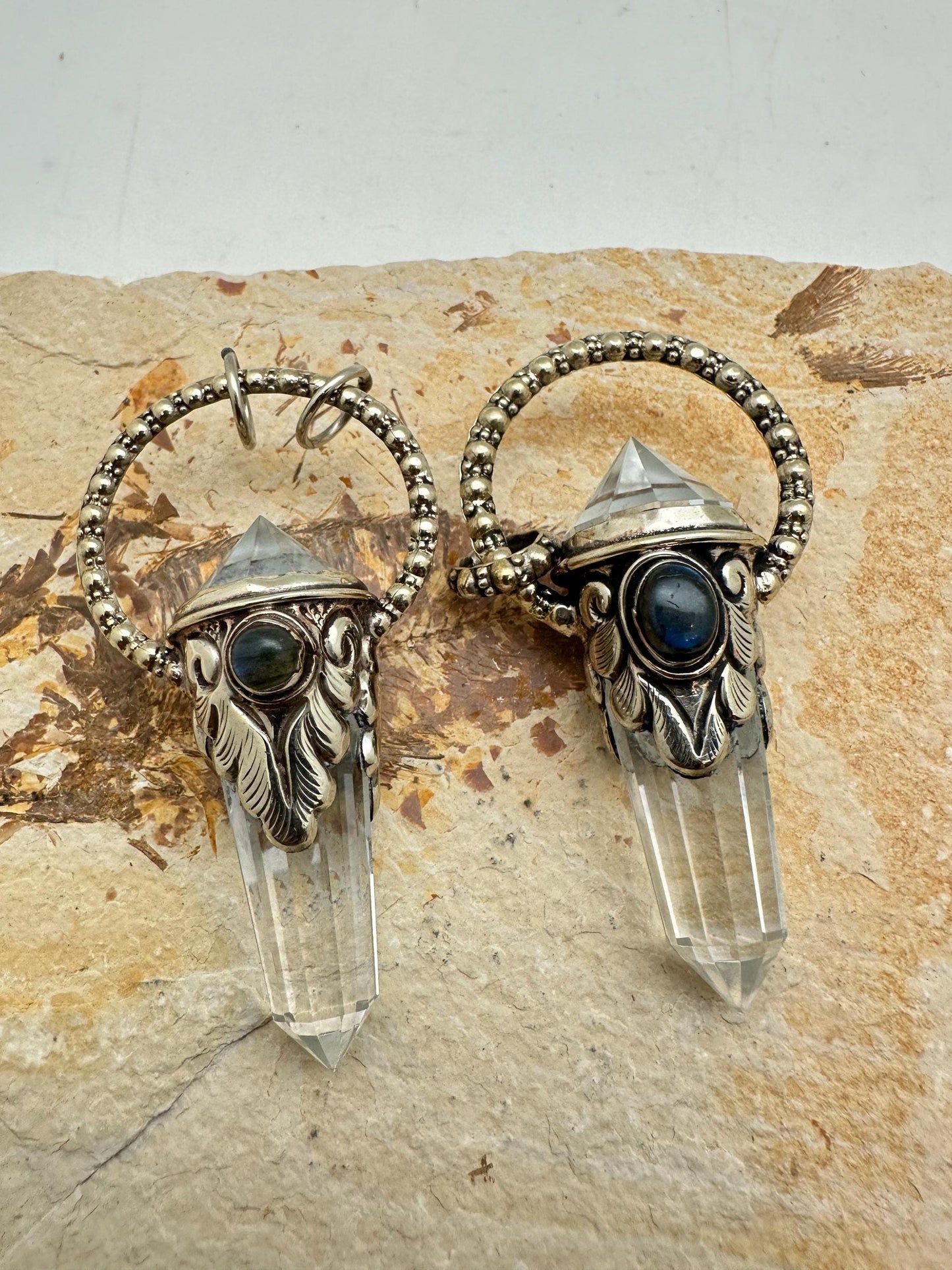 labradorite ,quartz crystal point pendant, handcrafted,Tibetan silver,