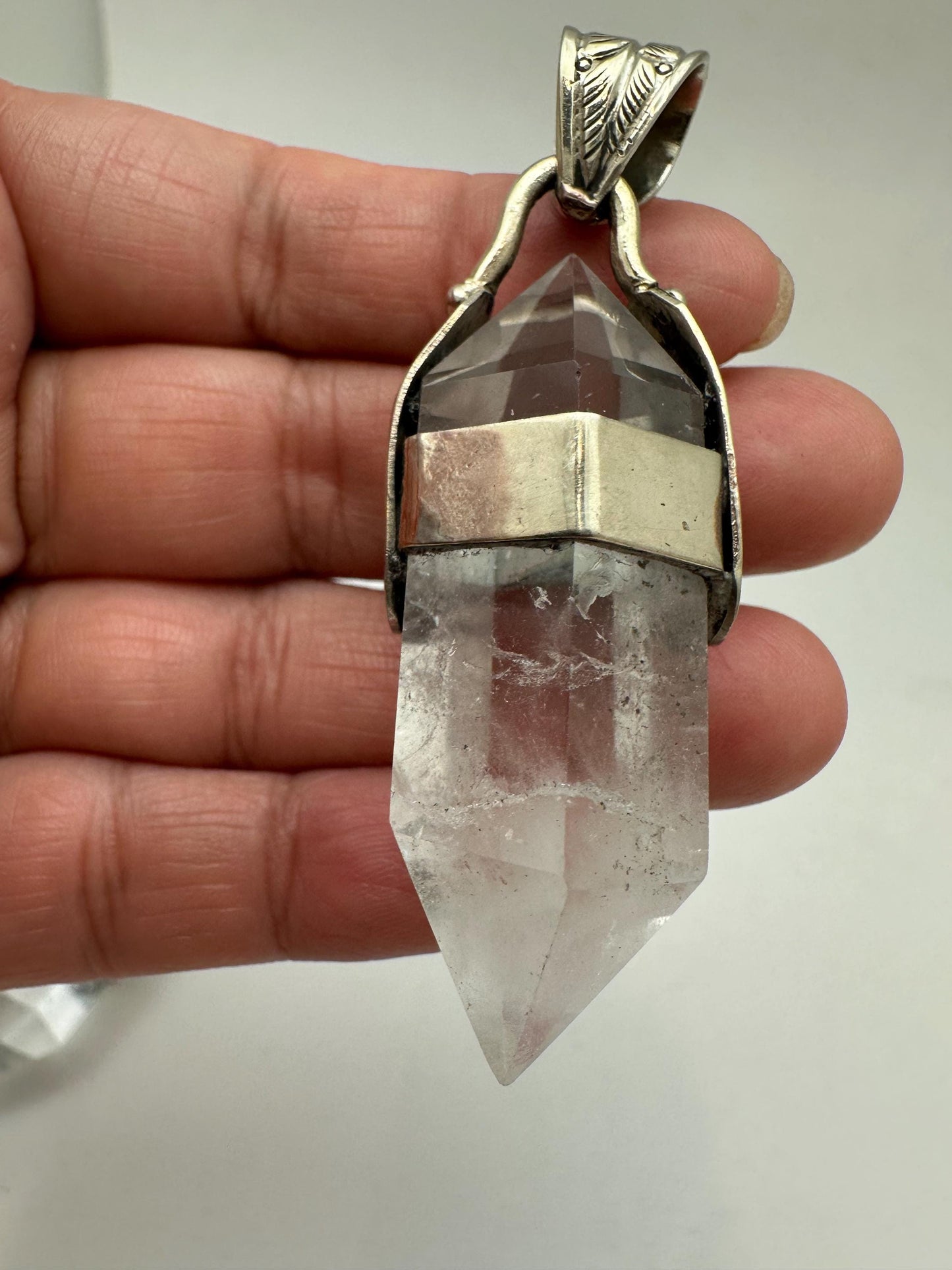 Quartz crystal point pendant, handcrafted,Tibetan silver,Ethnic style