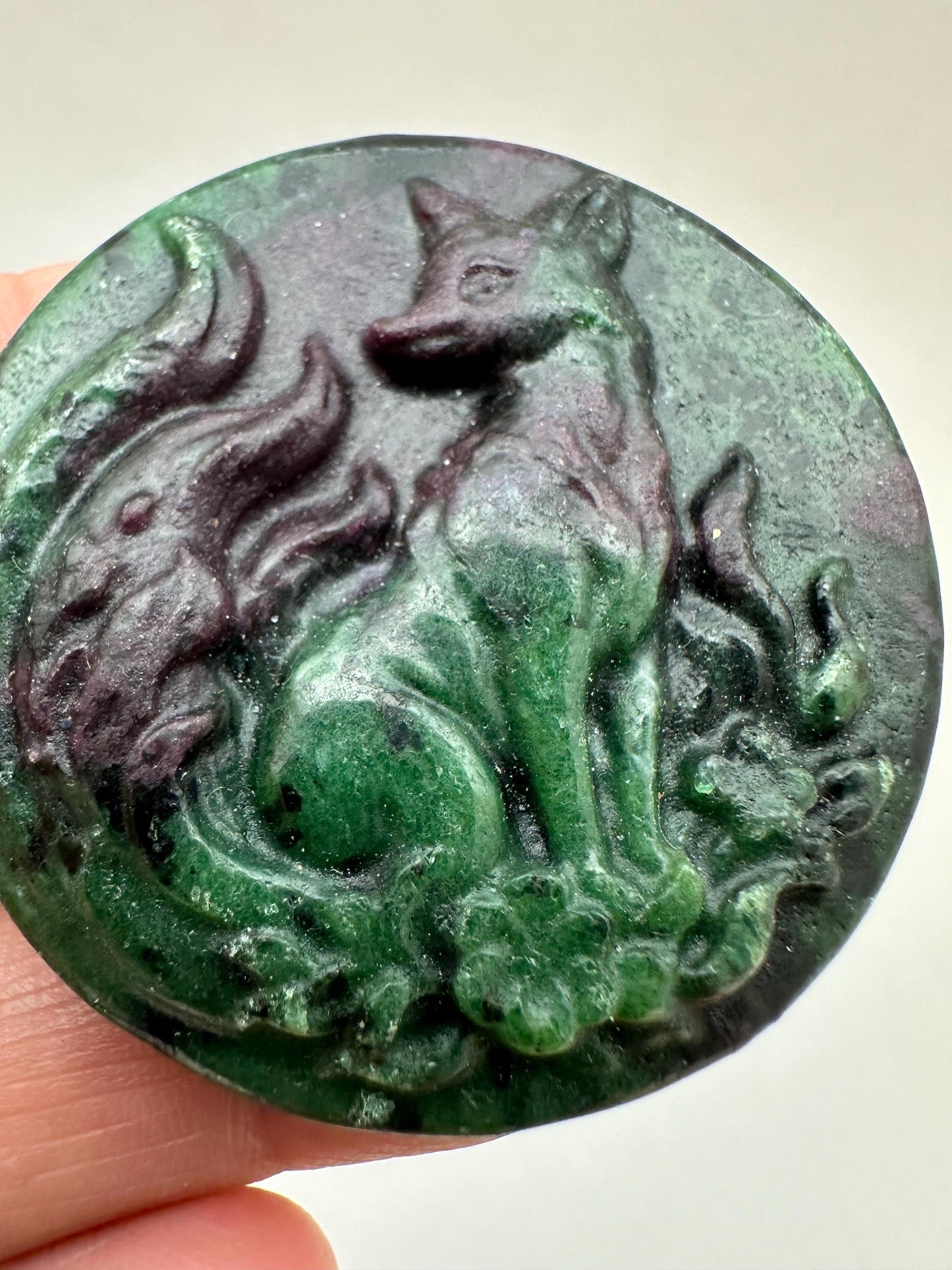 hand carved,nine tailed fox,Ruby Zoisite,amulet,goodluck,protection,intelligence,46.2X46.2mm