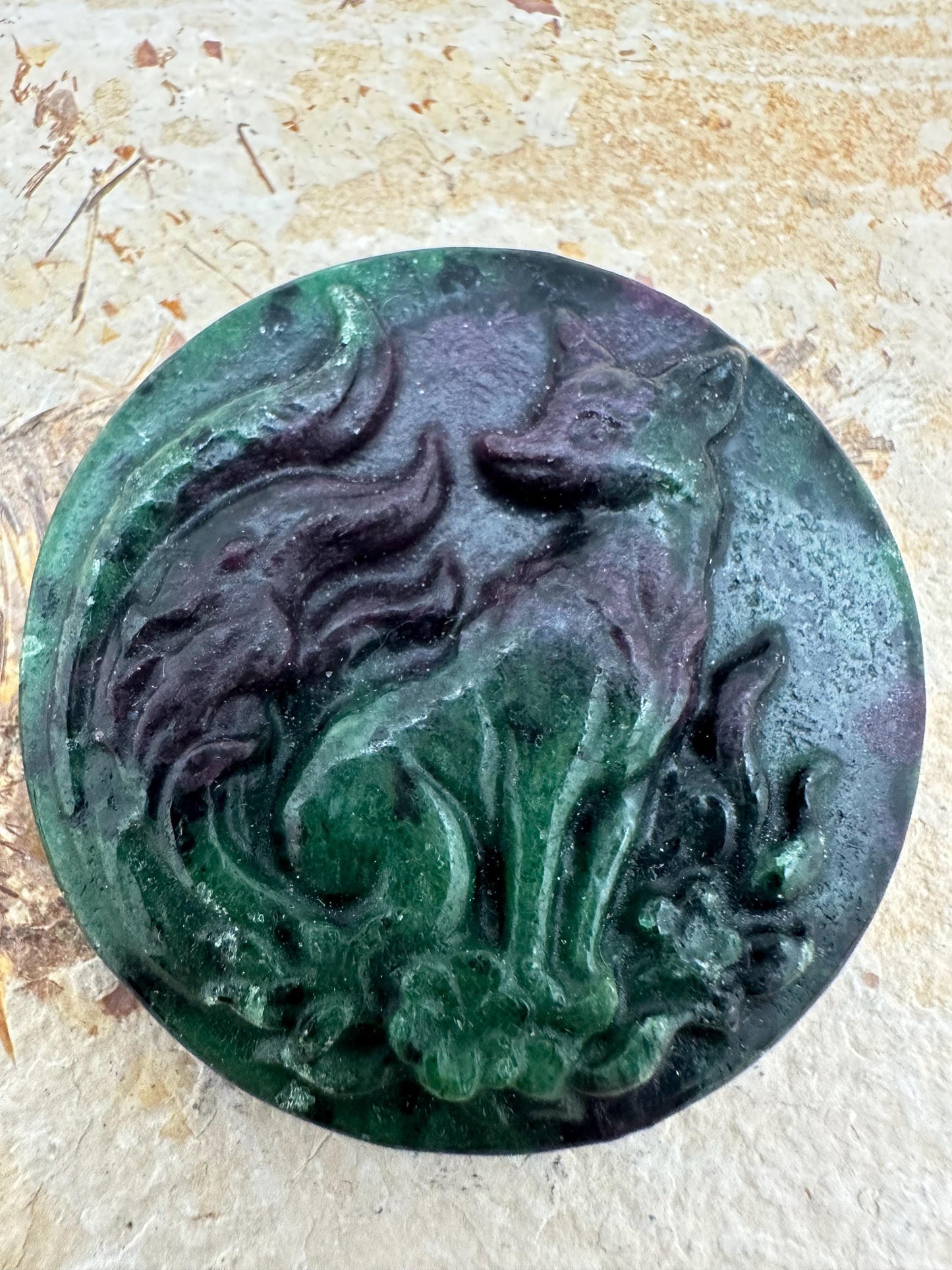 hand carved,nine tailed fox,Ruby Zoisite,amulet,goodluck,protection,intelligence,46.2X46.2mm
