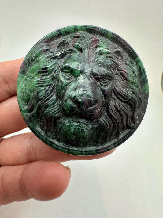handcarved lion, Rubyzoisite,animal lover,