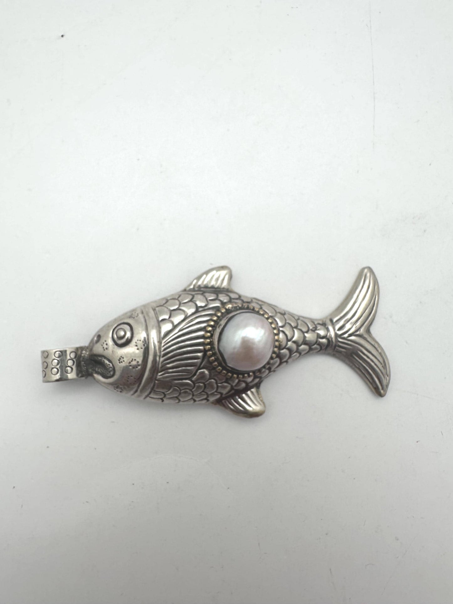 Handcrafted ,Tibetan Silver fish pendant with pearl, pearl koi charm, pisces gift,3 inchX1.35 inch