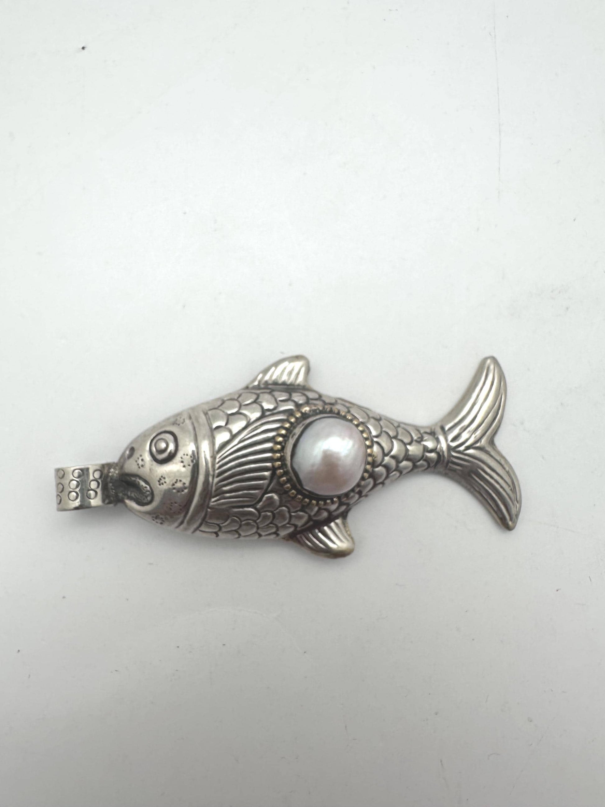 Handcrafted ,Tibetan Silver fish pendant with pearl, pearl koi charm, pisces gift,3 inchX1.35 inch